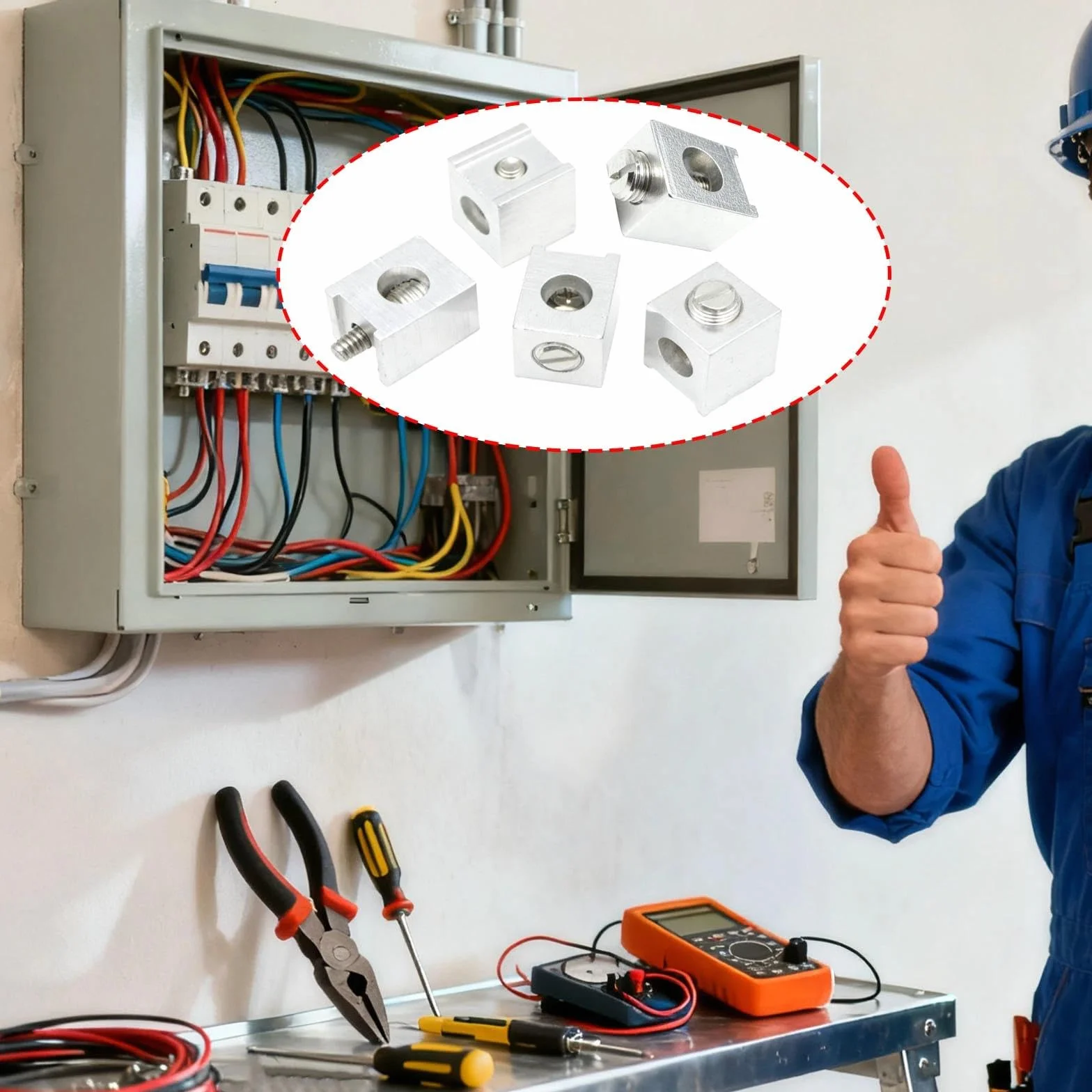 Zestaw 5 końcówek neutralnych #4-2/0 z aluminiowymi końcówkami uziemiającymi, złączami uziemienia wyłącznika do montażu paneli elektrycznych i prętów uziemiających (srebrne)