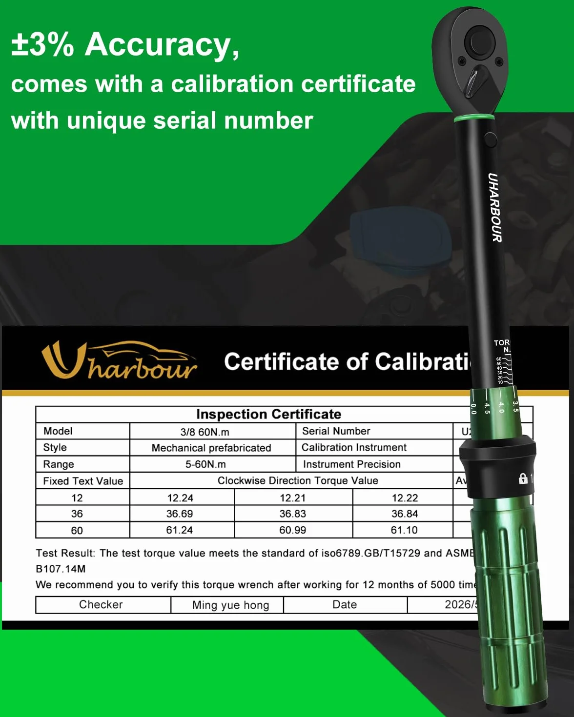 Uharbour Klucze dynamometryczne 3/8", 5-60 Nm, 31-częściowy zestaw kluczy dynamometrycznych do motocykla, dokładność błędu ±3%, z przedłużeniami, nasadkami nasadowymi i adapterem, 72-zębowa grzechotka