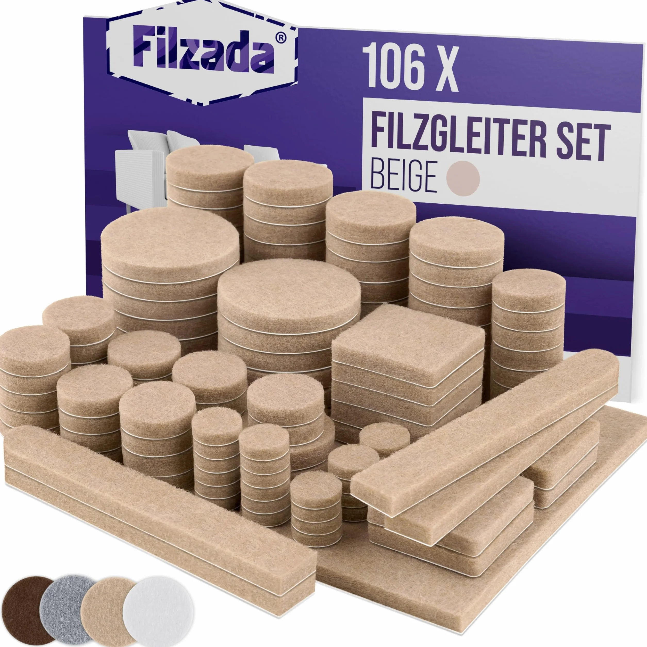 Filzada® podkładki filcowe samoprzylepne zestaw 106 sztuk (narożne i okrągłe) - profesjonalne ślizgacze do mebli filc z idealną siłą klejenia, beżowy