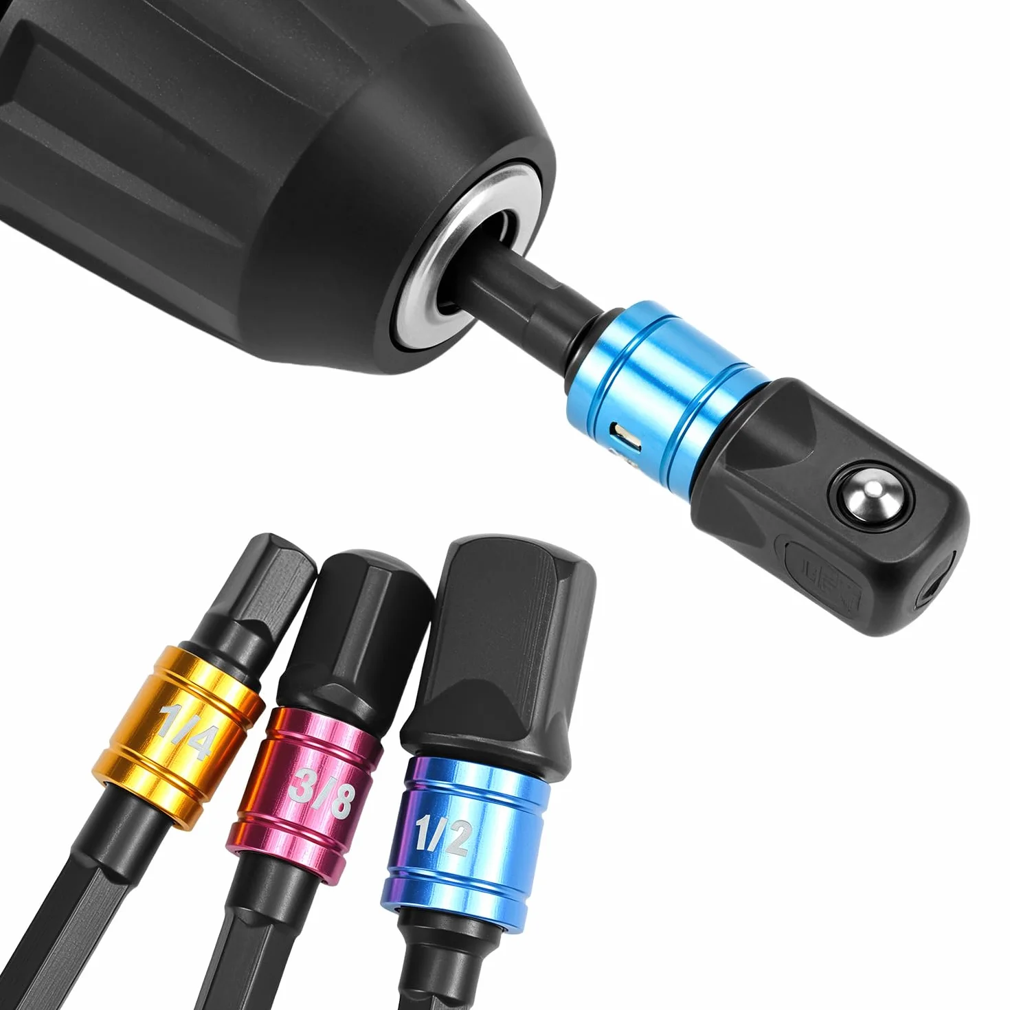 QWORK® Adapter do wkrętaka kątowego 105°, zestaw adapterów do gniazda udarowego, z 3-częściowym adapterem nasadowym 1/10.2 cm 3/20.3 cm 1/5.1 cm, czarny