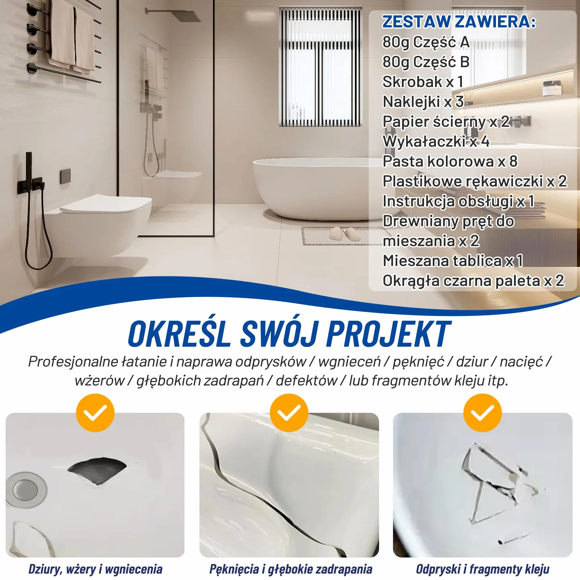 Zestaw naprawczy do wanien, zestaw naprawczy do płytek, akryl, ceramika, emalia, kuchnia, łazienka, naprawa odprysków, pęknięć, zadrapań, dziur rdzy na porcelanowej umywalce, wannie, toalecie