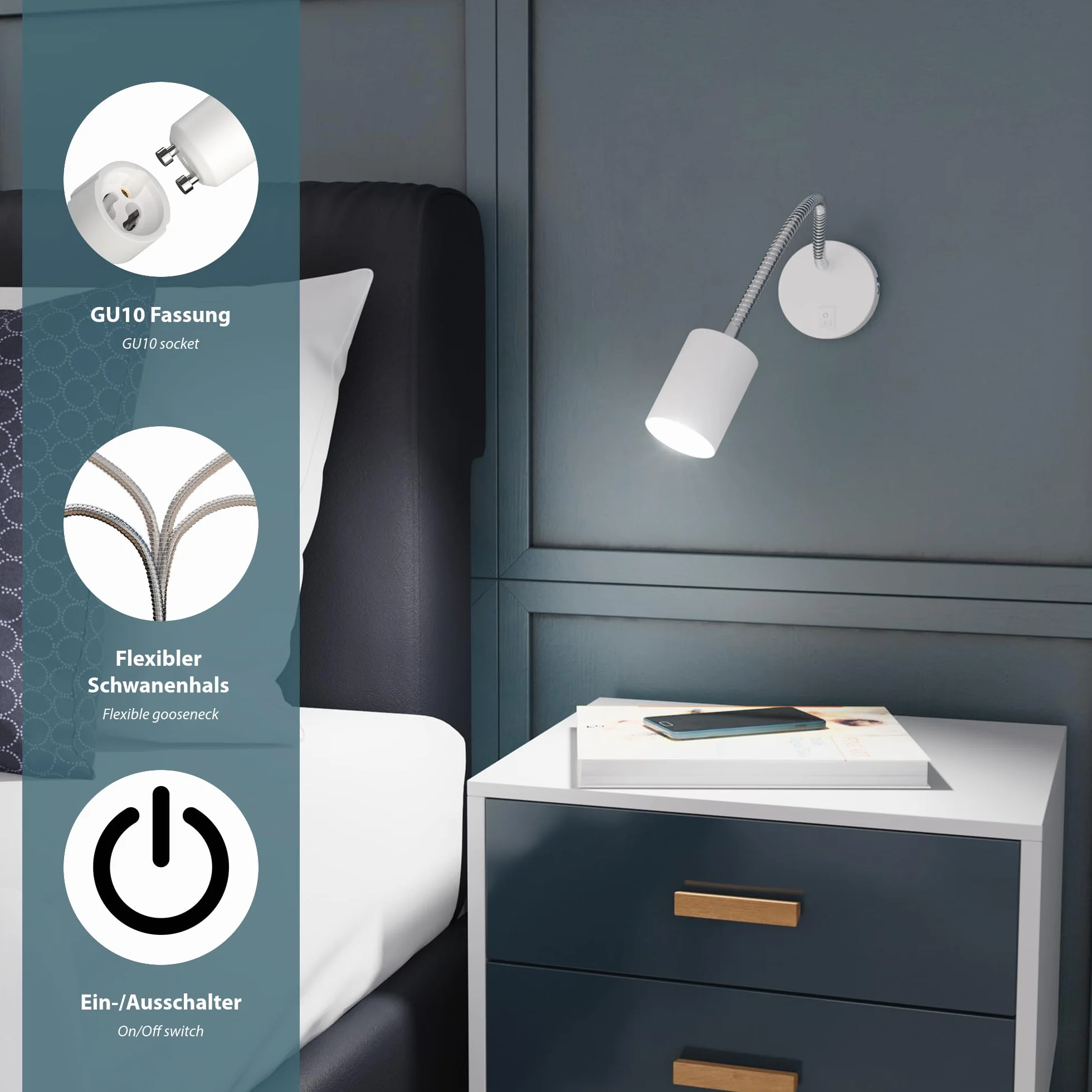 ledscom.de Lampa do czytania WAIKA GU10 LED PAR16 6,05W 374lm 70° ściemniacz biały mat