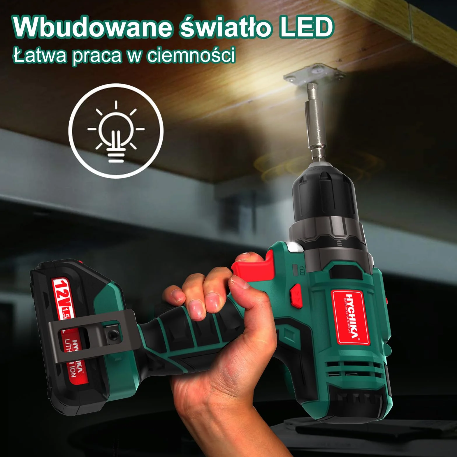 Wiertarka Akumulatorowa 12V, Hychika Wiertarka Elektryczna 30N-M Max Moment Obrotowy Z Akumulatorem 1500Mah, 21+1 regulacji prędkości, 2 regulacje prędkości, 27 akcesoriów, dioda LED