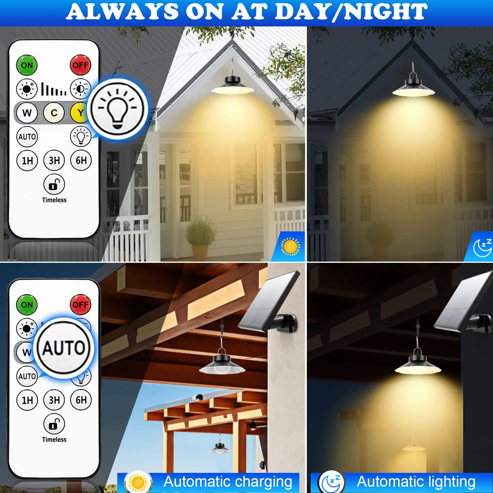 AGOTD Zewnętrzna lampa słoneczna, lampa wisząca solarna z pilotem zdalnego sterowania, 3 kolory, kabel 5 m, 6 jasność, IP65 wodoodporny, oświetlenie ogrodowe balkon podjazd