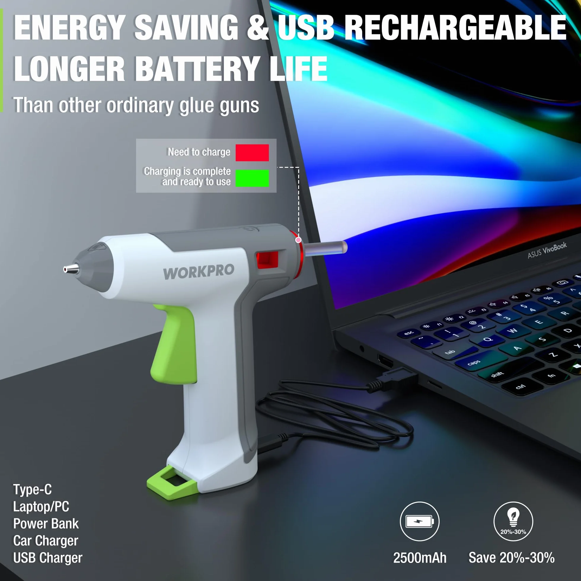 WORKPRO Bezprzewodowy pistolet do klejenia 3,6 V z 20 patyczkami do kleju (7 x 100 mm), szybkie nagrzewanie pistolet do klejenia na gorąco z baterią litowo-jonową 2500 mAh, rękodzieło ze wskaźnikiem