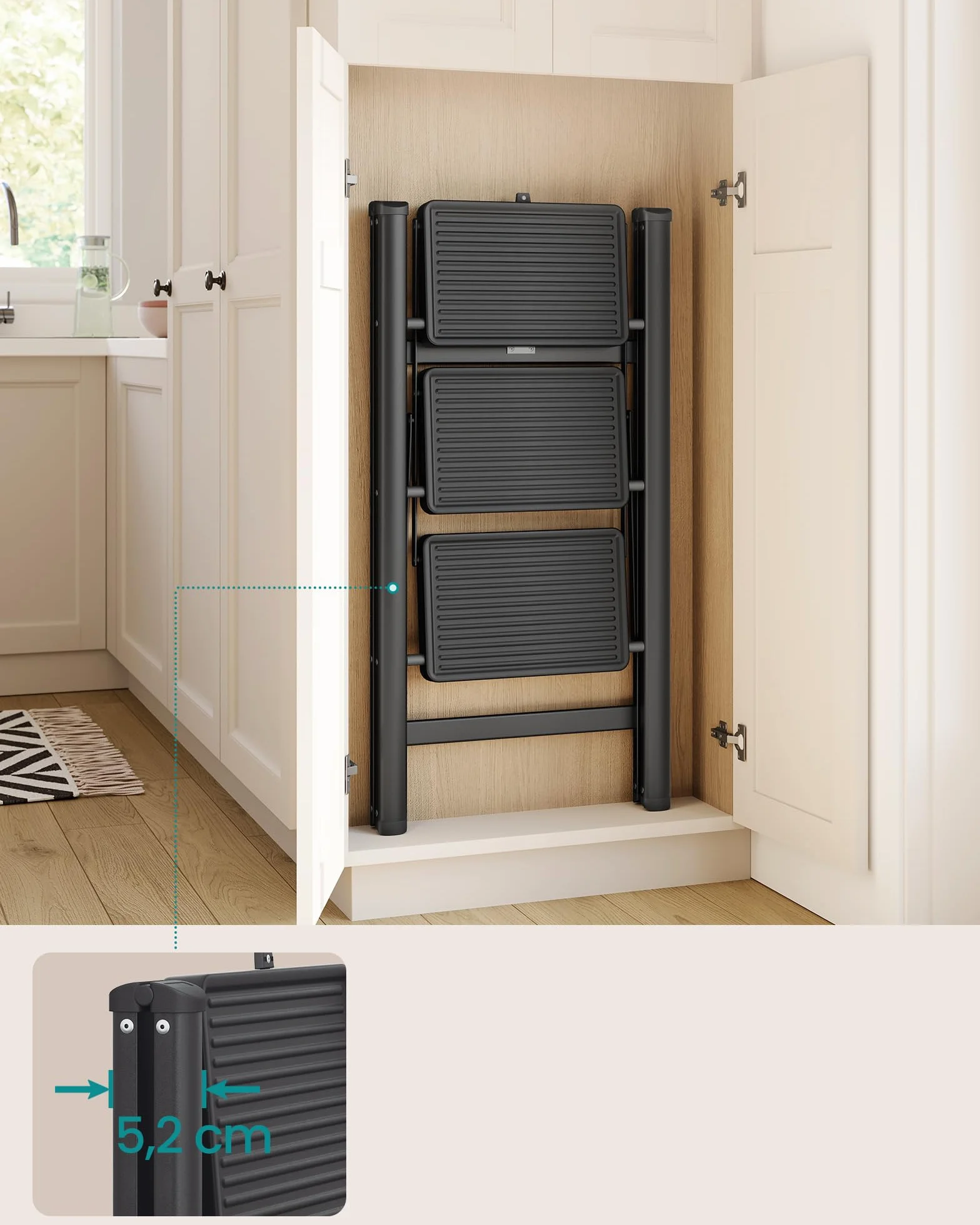 SONGMICS składana drabina schodkowa, 3-stopniowa, udźwig do 150 kg, drabina stalowa, łatwa do przechowywania, do domu i biura, czarna, 73,5 x 43,4 x 85,5 cm GSL103BZ01