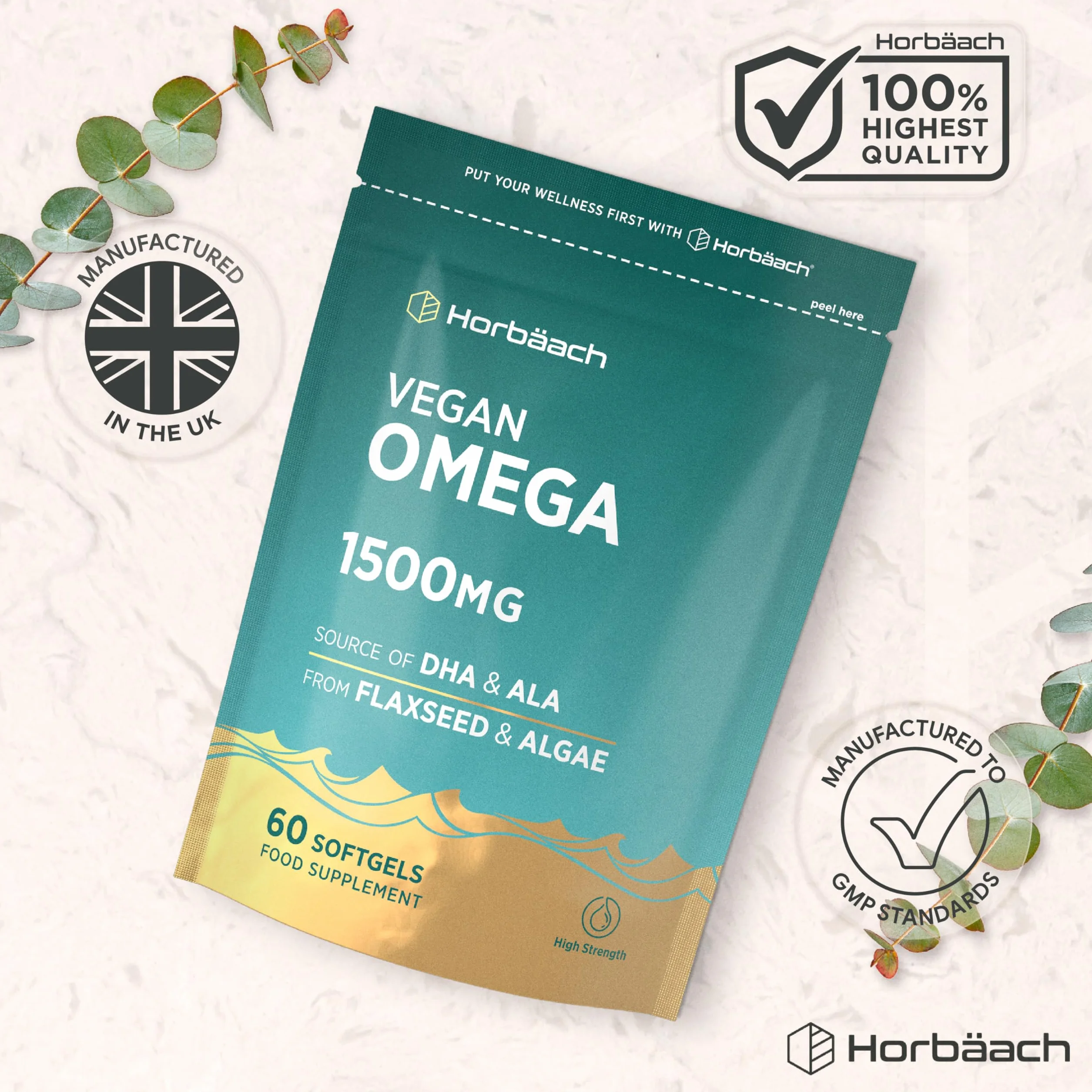 Horbaach Omega 3 DHA z oleju z Alg 1500mg 60 kapsułek 450mg ALA 240mg DHA