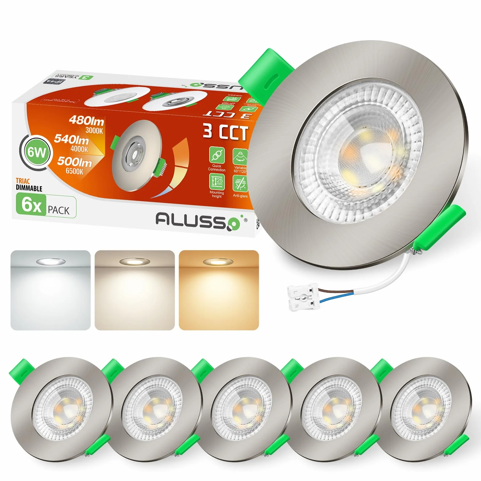 ALUSSO LIGHTING Reflektor LED Nikiel 6 W 230 V, otwór Φ68-75 mm, możliwość ściemniania 3CCT, ciepła, naturalnego, zimnego, białego, 540 lm, wpuszczana lampa sufitowa IP44, wodoodporna lampa sufitowa