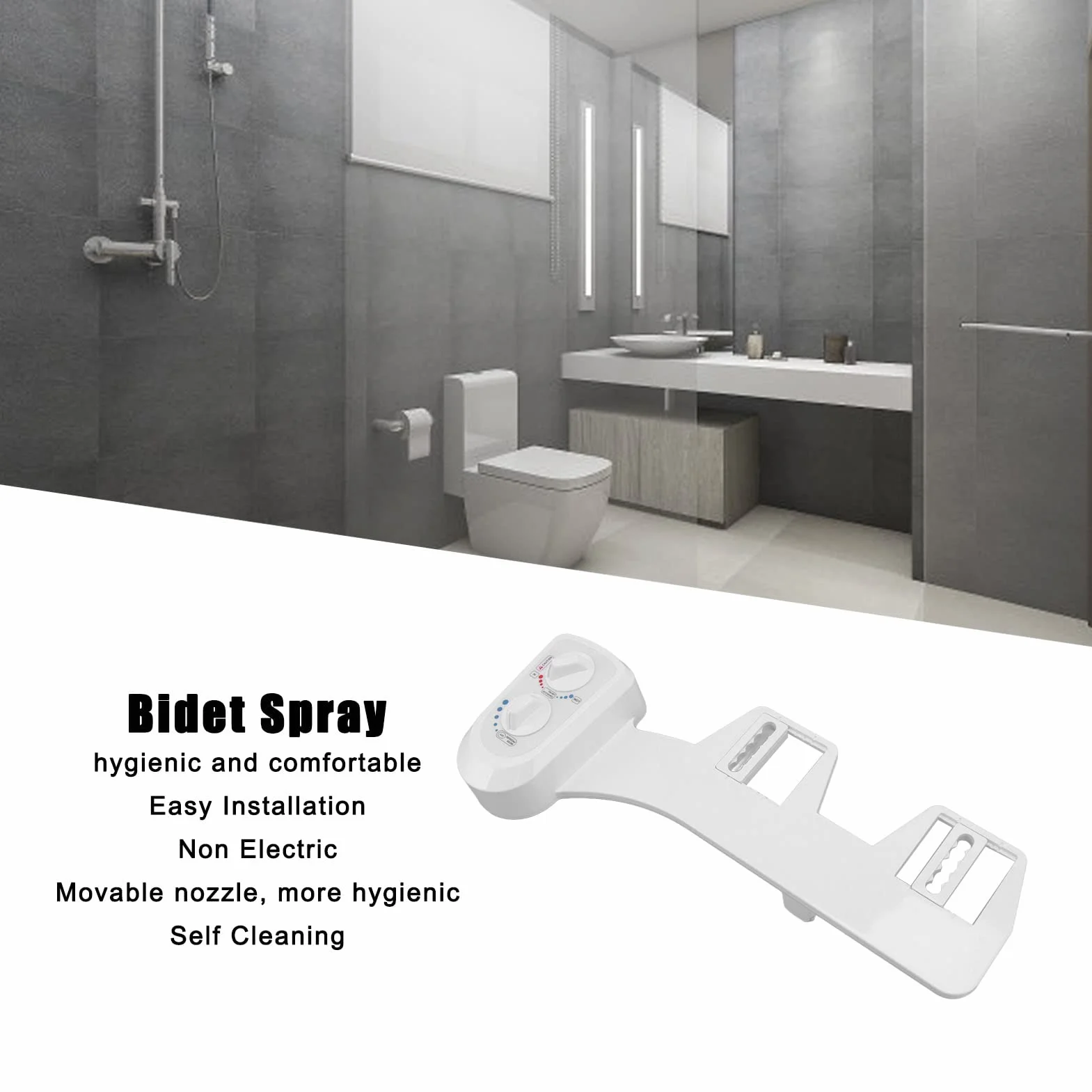 Hyuduo Nasadka do Bidetu Toaletowego Nieelektryczny, Samoczyszczący Bidet, Ruchoma Dysza z Podwójnym Pokrętłem do Domowej łazienki, Higieniczna Myjnia dla Dzieci, Dorosłych i Osób Starszych