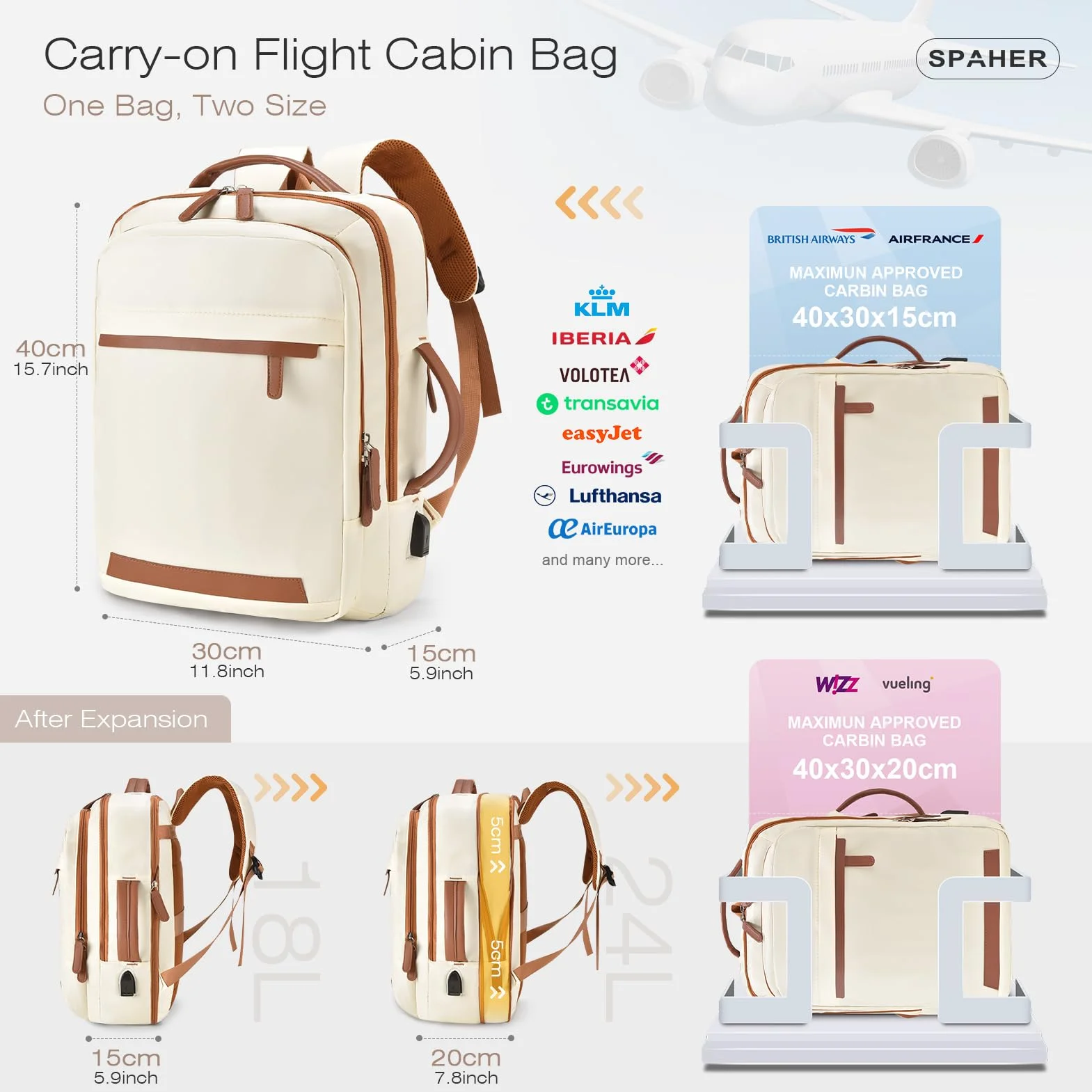 SPAHER Rozszerzalny Plecak Podróżny 40x30x15 British Airways 40x30x20 Wizzair Plecak na Laptopa 15,6 Calowy z Portem Łdowania i Mokrą Kieszenią USB Plecak do Samolotu Pracy dla Kobiet i Mężczyzn