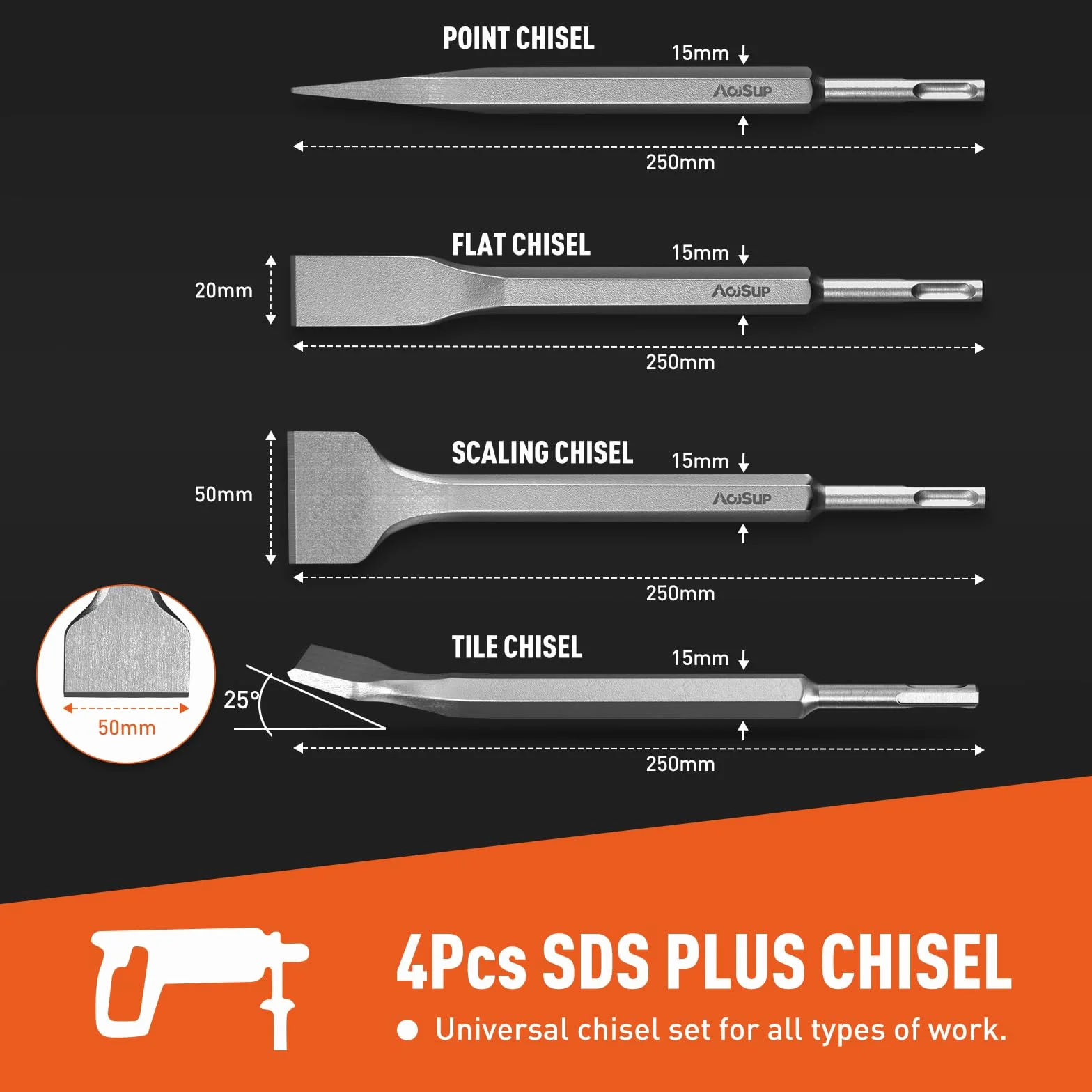 Zestaw dłut SDS Plus, 4 szt. dłuto do płytek SDS Plus, w zestawie 1 x dłuto spiczaste, 1 x dłuto płaskie, 2 x dłuta do płytek, profesjonalne dłuto do wszystkich wiertarek udarowych SDS Plus