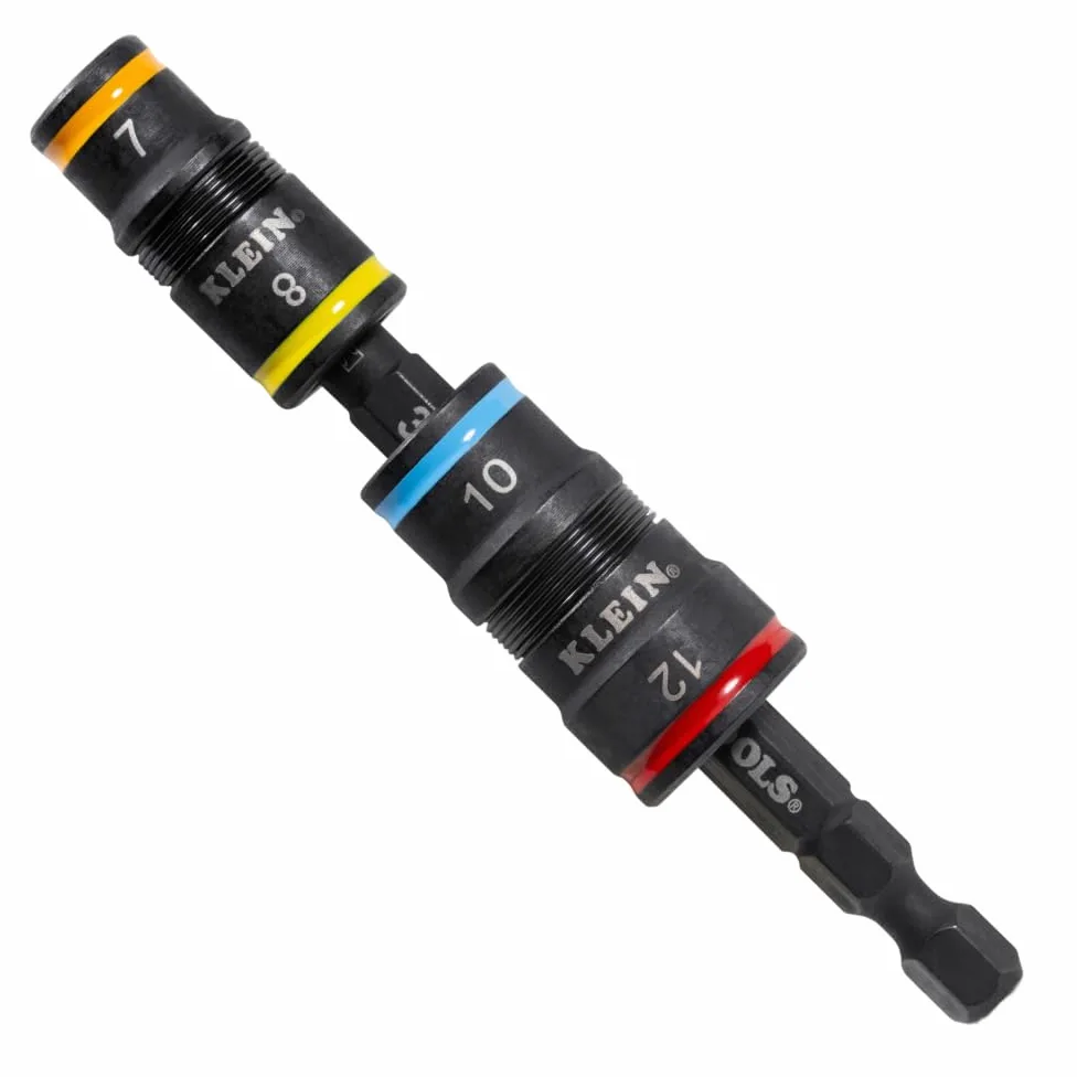Klein Tools 32932M Metryczny zestaw nasadek udarowych 4 w 1, 2 gniazda z 4 metrycznymi rozmiarami sześciokątnymi, 7 mm, 8 mm, 10 mm, 12 mm