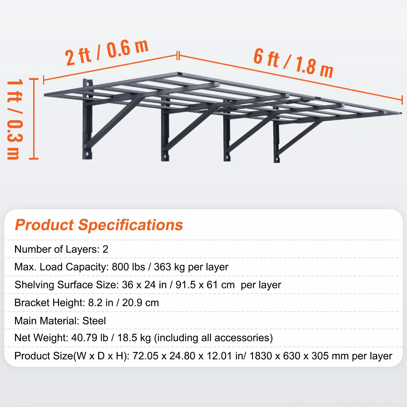 VEVOR Regał garażowy, montowany na ścianie, 6 x 1,8 m, wytrzymałe półki ścienne garażowe, nośność 725 kg, regał do przechowywania w garażu, 2 sztuki, odpowiednie do sklepu, szopy, przechowywania w garażu