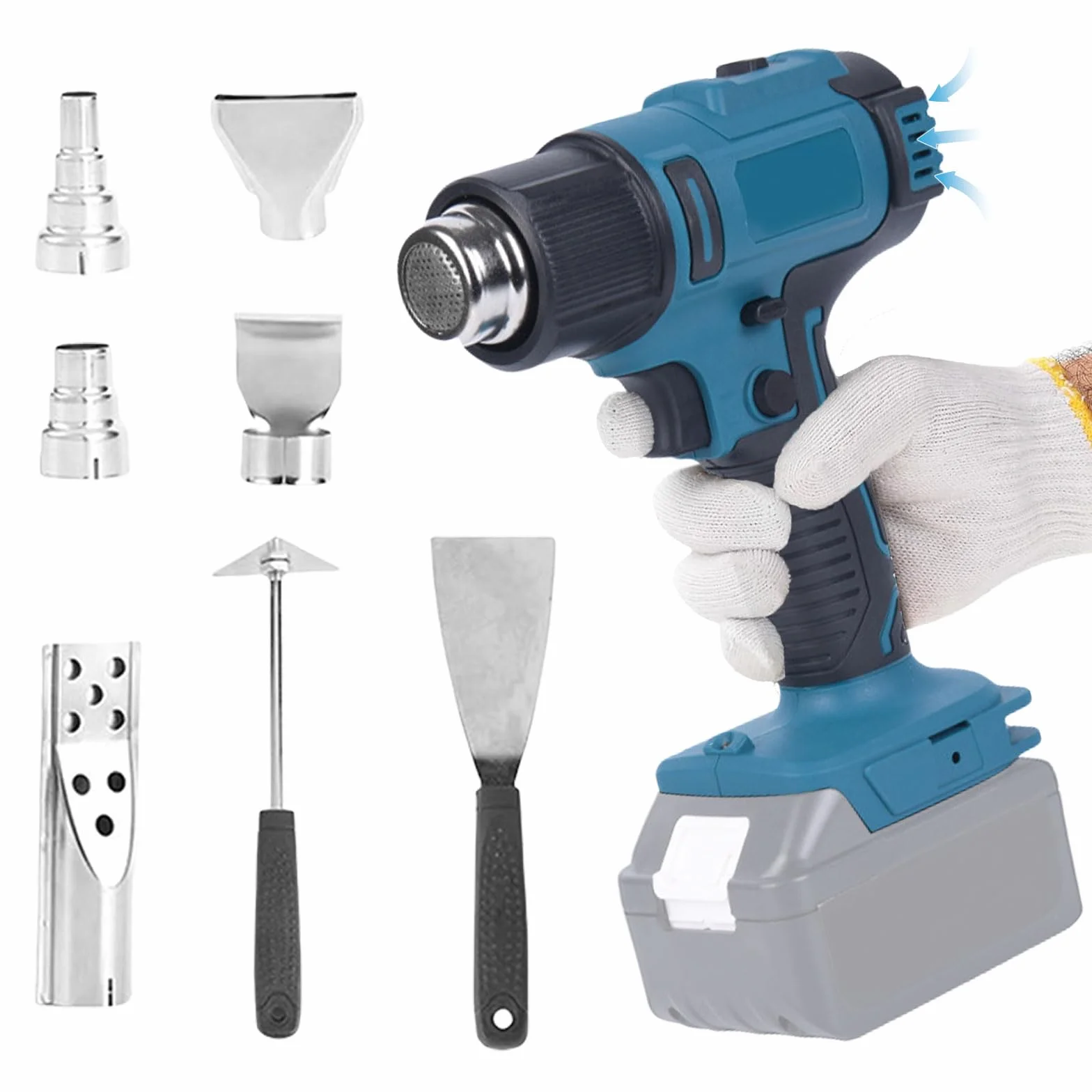 Akumulatorowy pistolet na gorące powietrze do Makita 18 V, 2 temperatury 300/550 ℃, termokurczliwa folia termokurczliwa z 7 dyszami ze stali nierdzewnej do majsterkowania, folii