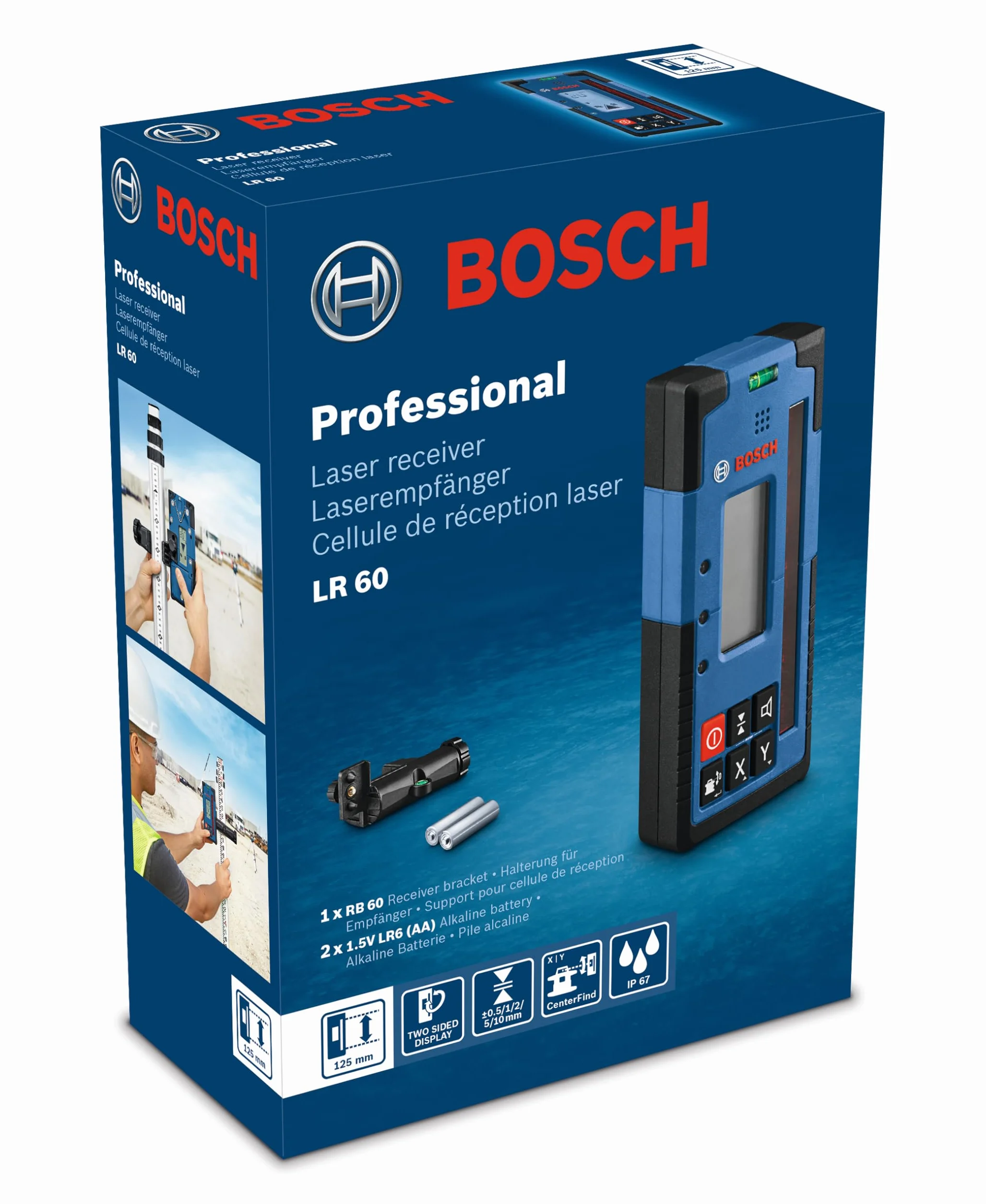 Bosch Professional Odbiornik laserowy LR 60 (uchwyt odbiornika RB 60, 2 baterie AA, zakres pracy: promień do 300 m, idealny do lasera obrotowego GRL 600 CHV)