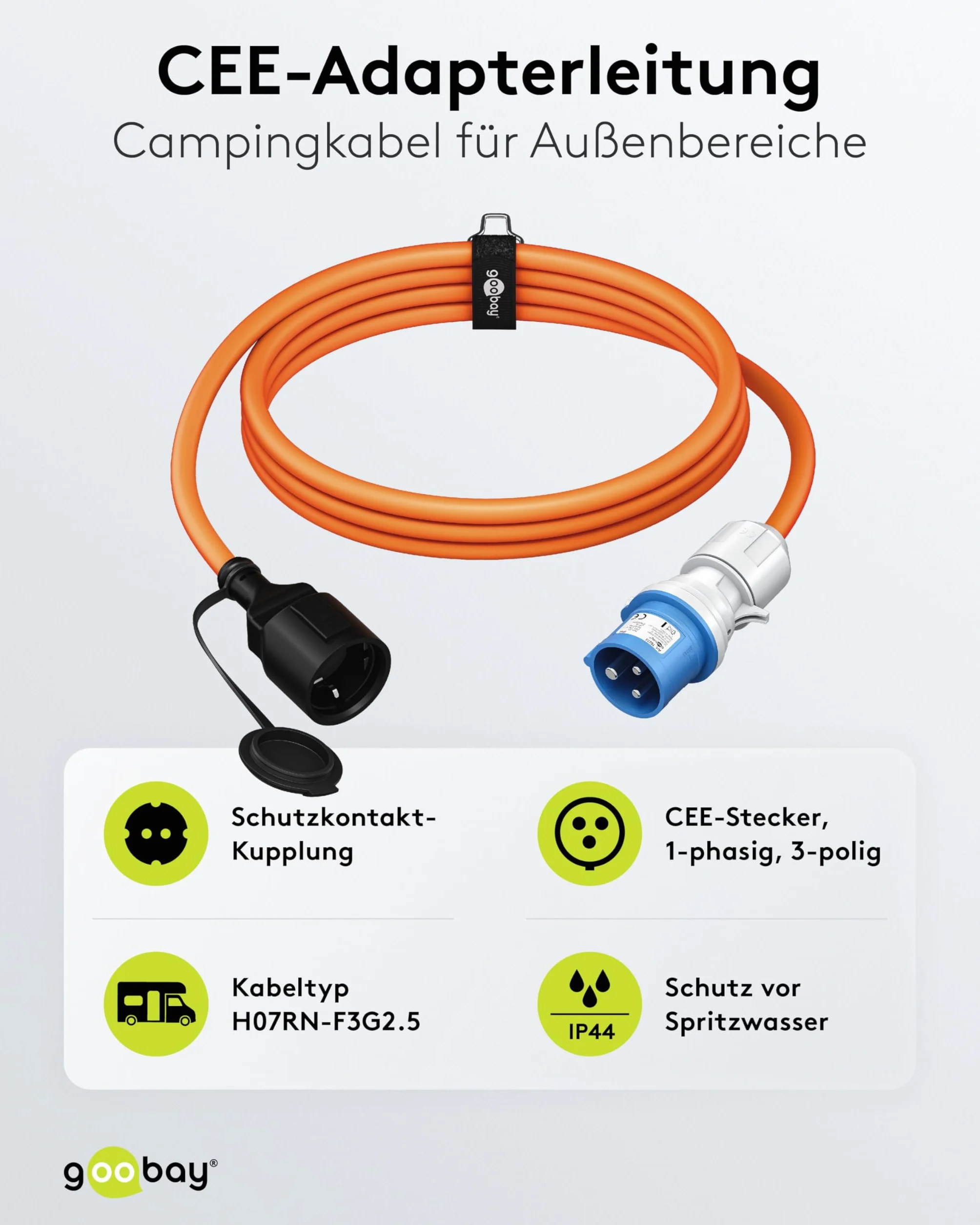 goobay Kabel adaptera CEE do przyczepy kempingowej, 5 m, wtyczka CEE do gniazdka ochronnego, do użytku na zewnątrz z IP44, 76224