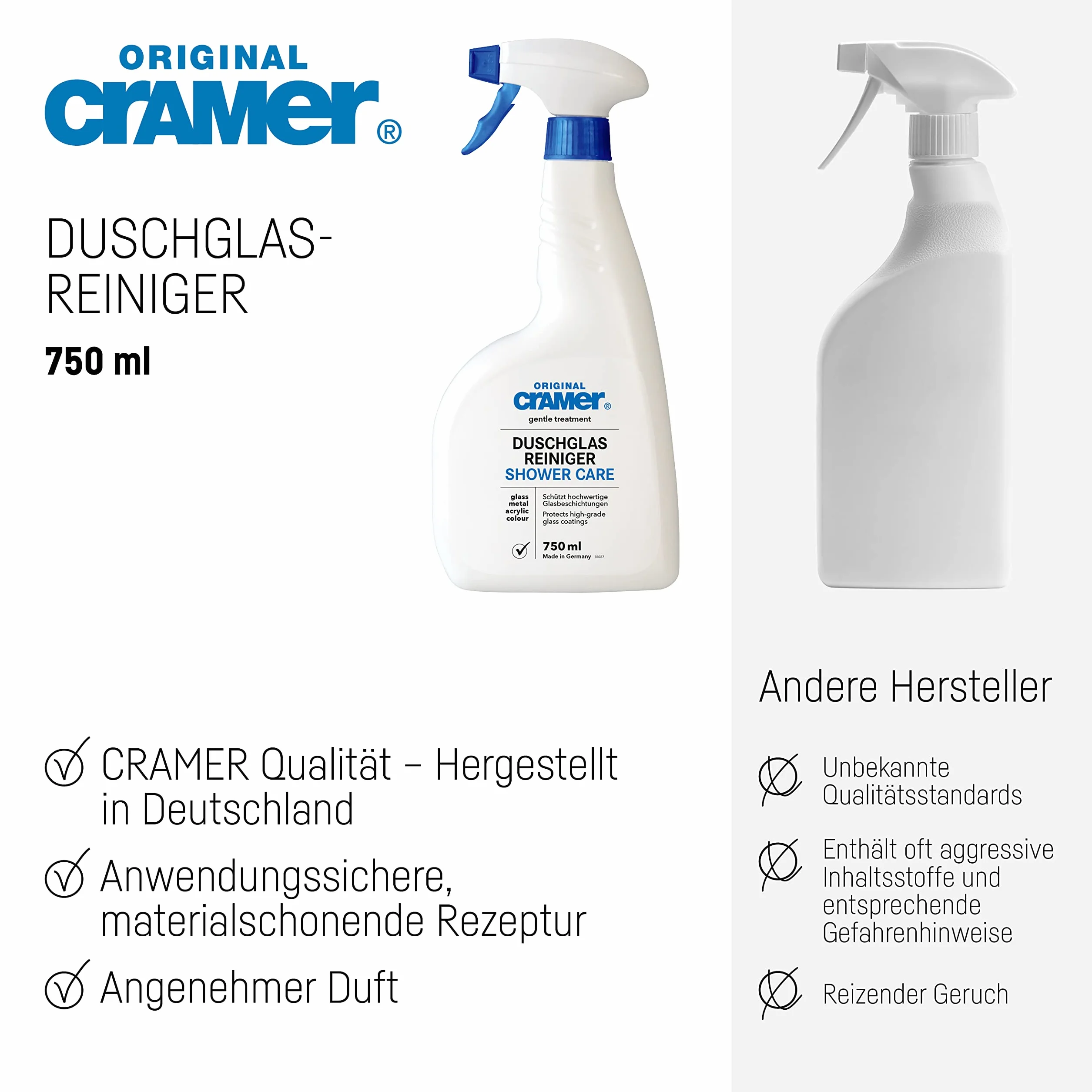 Cramer® Środek do czyszczenia szyb prysznicowych 750 ml I środek do czyszczenia kabin prysznicowych z prawdziwego szkła I bezpieczny dla materiałów środek czyszczący do powlekanych i niepowlekanych