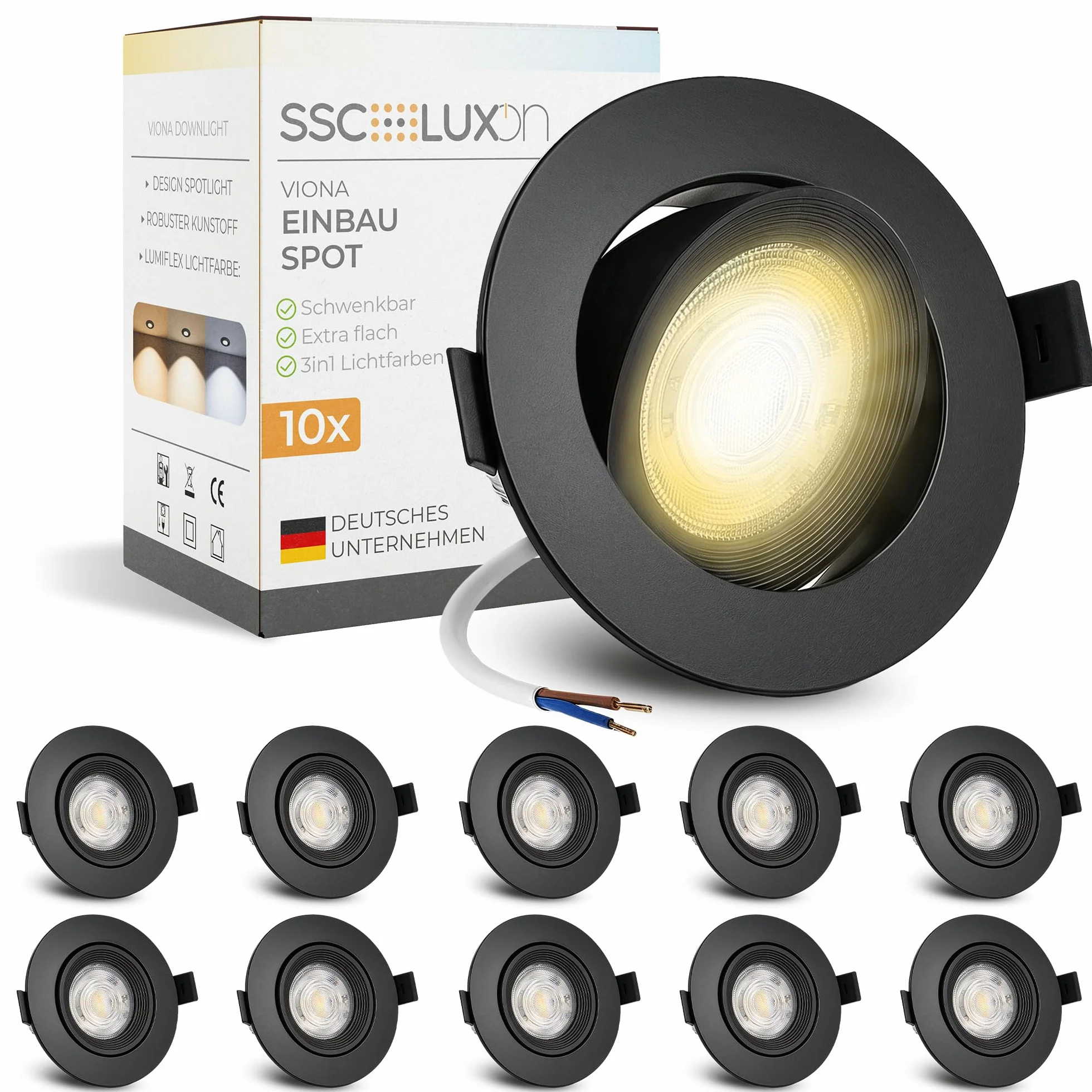 SSC-LUXon Zestaw 10 reflektorów LED do zabudowy VIONA płaskie, czarne, wychylne – barwa światła ciepła biel, neutralna biel, białe światło dzienne