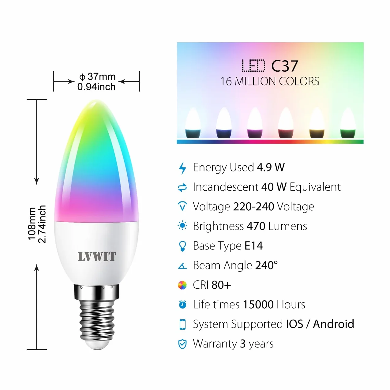 LVWIT Alexa żarówka E14 LED Wi-Fi 4,9 W ściemniana Smart RGB 2700 K-6500 K 470 lm kompatybilna z Google Home Alexa Echo 2 sztuki