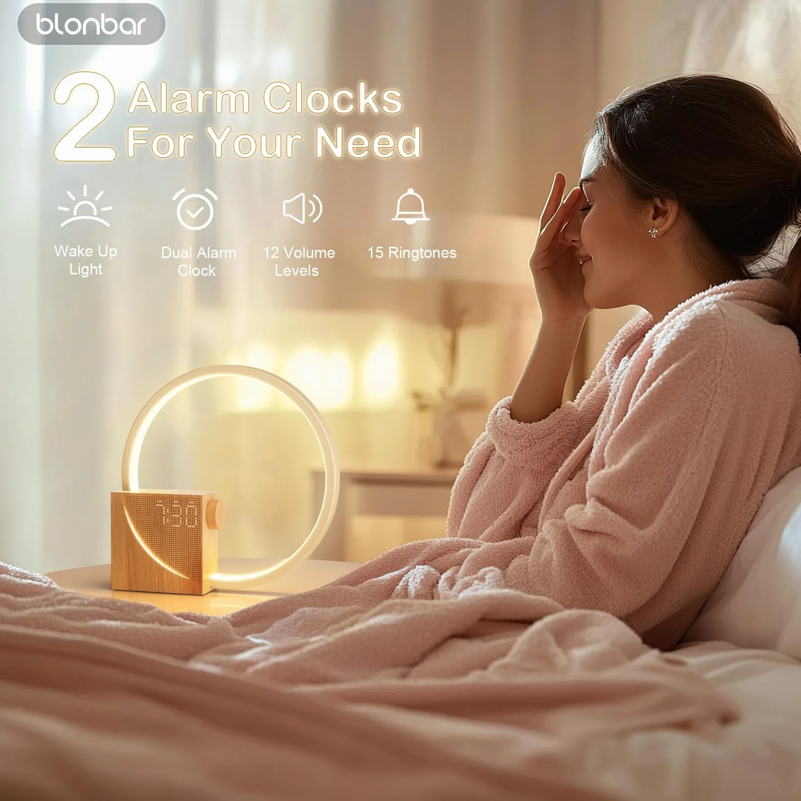 Blonbar Lampka Nocna z Budzikiem Świetlnym Wake Up, Lampa Stołowa z Ładowaniem USB 10W, Sterowanie Dotykowe, Ściemniana