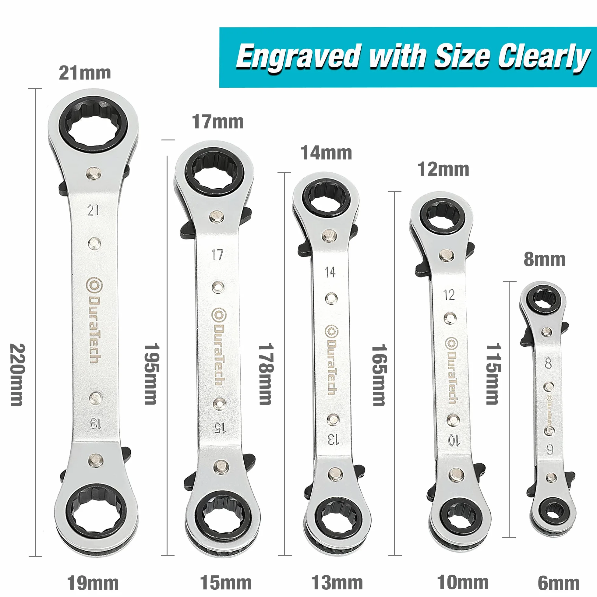 DURATECH Klucz grzechotkowy z podwójnym pierścieniem 6 mm - 21 mm, z torbą do przenoszenia, 5 szt