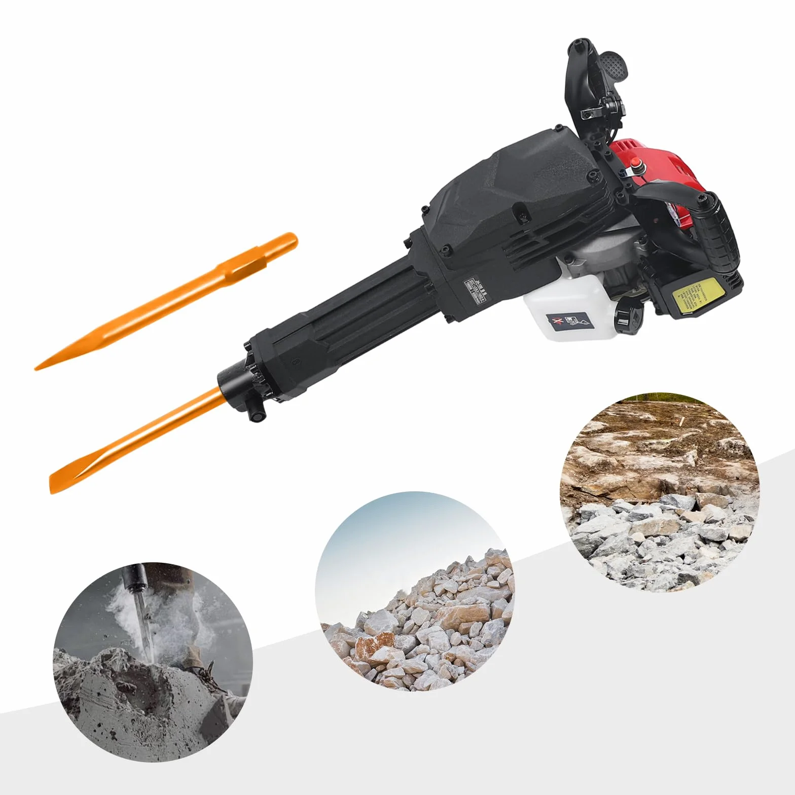Młot do wyburzenia spalin benzynowy, 52 cc, 1900 W, młot dłutowy 20-55J, 1500 bpm, młot udarowy do betonu z dłutiem spiczastym i płaskim, narzędzie do rozbiórki 70 dB