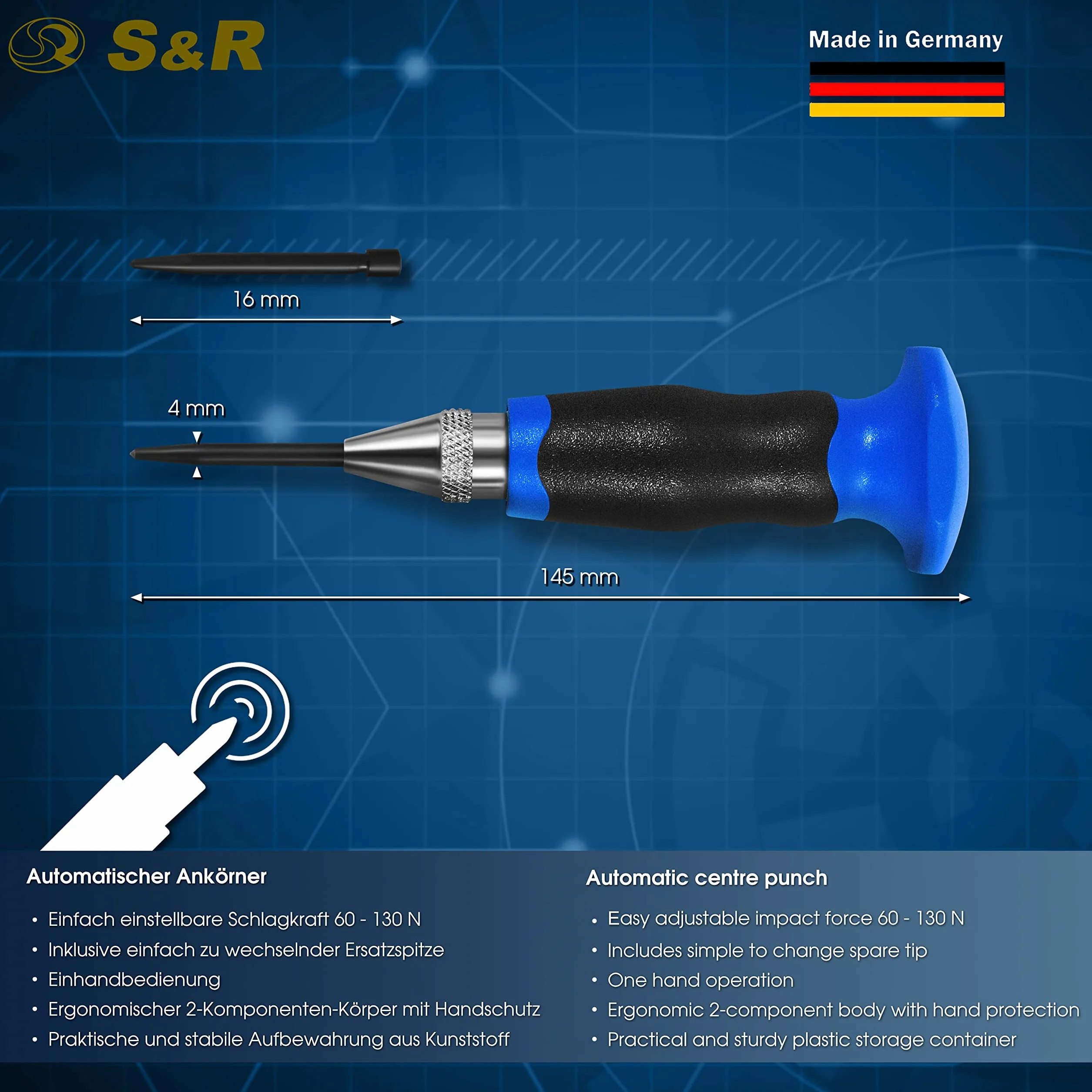 S&R Automatyczny punktak centralny – Regulowane uderzenie 60-130N | Wyprodukowano w Niemczech | Ergonomiczny design z zapasową końcówką do precyzyjnego znakowania