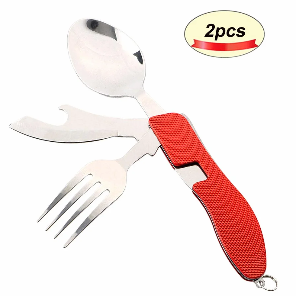 2 szt. Premium sztućce kempingowe 4 w 1, składane sztućce 4 w 1, stal nierdzewna zestaw sztućców kempingowych outdoor, zestaw nóż widelec łyżka otwieracz do butelek (czerwony)