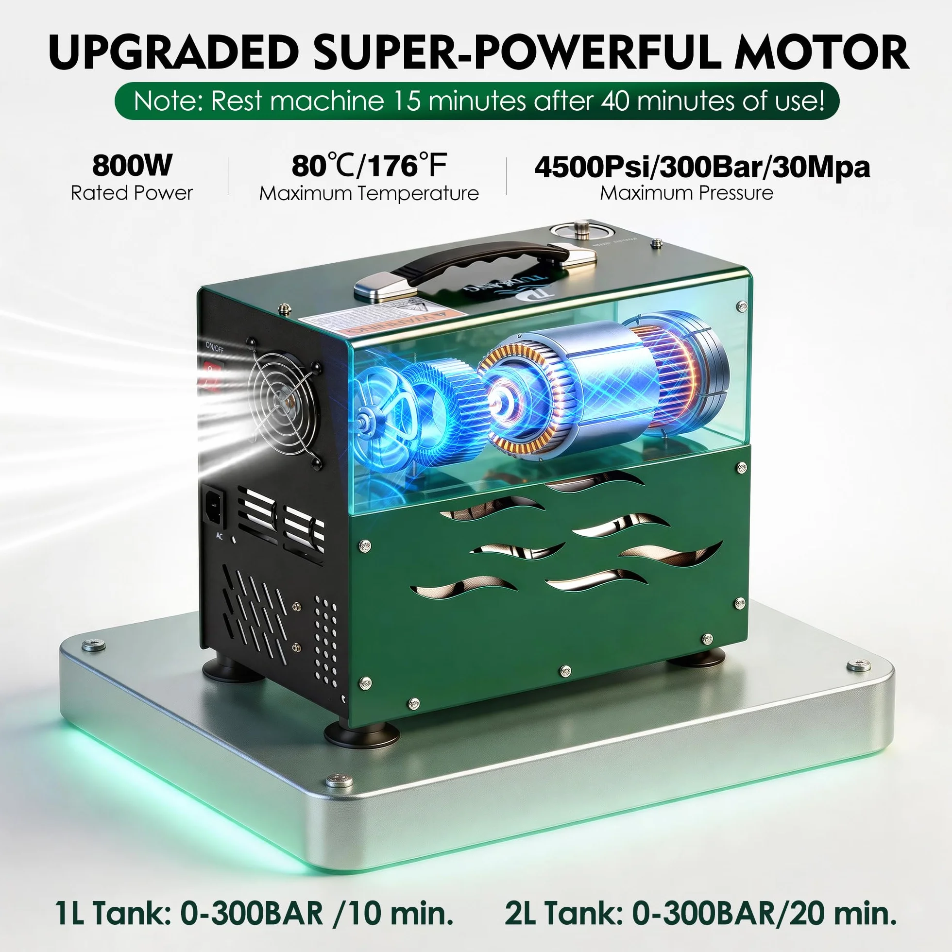 TUDIVING-300Bar Kompresor nurkowy, 800W dwucylindrowy kompresor powietrza PCP, kompresor wysokociśnieniowy z automatycznym zatrzymaniem, kompresor do nurkowania do napełniania 2L zbiornika nurkowego