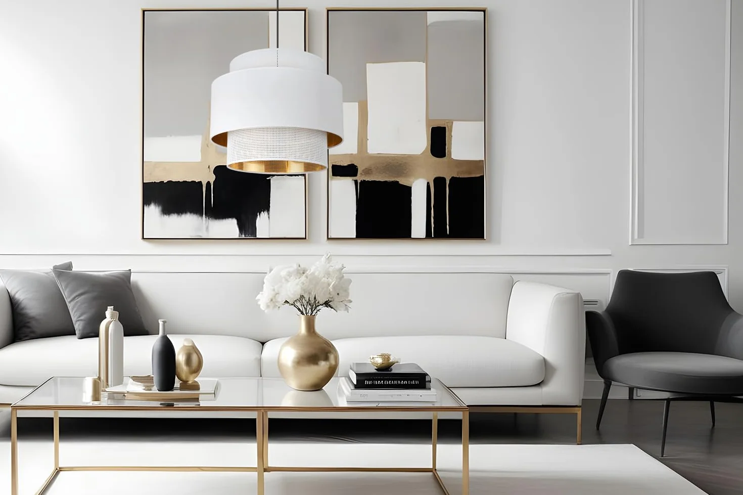 Lampa wisząca biało-złota glamour 35CM - designerski abażur ze złotym wykończeniem - oświetlenie do salonu i sypialni - polska produkcja