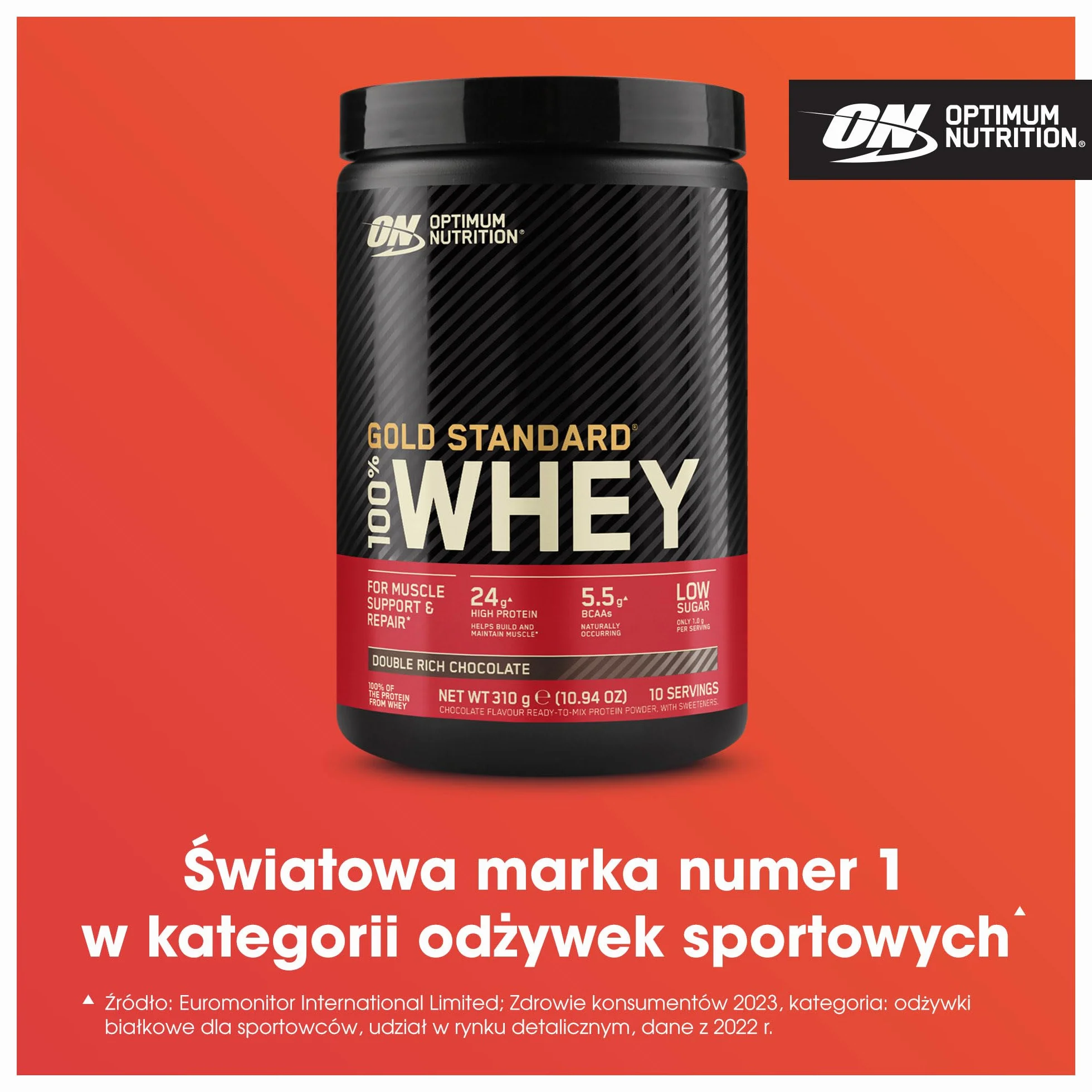 ON Gold Standard 100% Whey - Odżywka białkowa wspomagająca budowę mięśni i regenerację, zawierająca naturalnie występującą glutaminę i aminokwasy BCAA, smak podwójnej czekolady, 10 porcji, 310 g