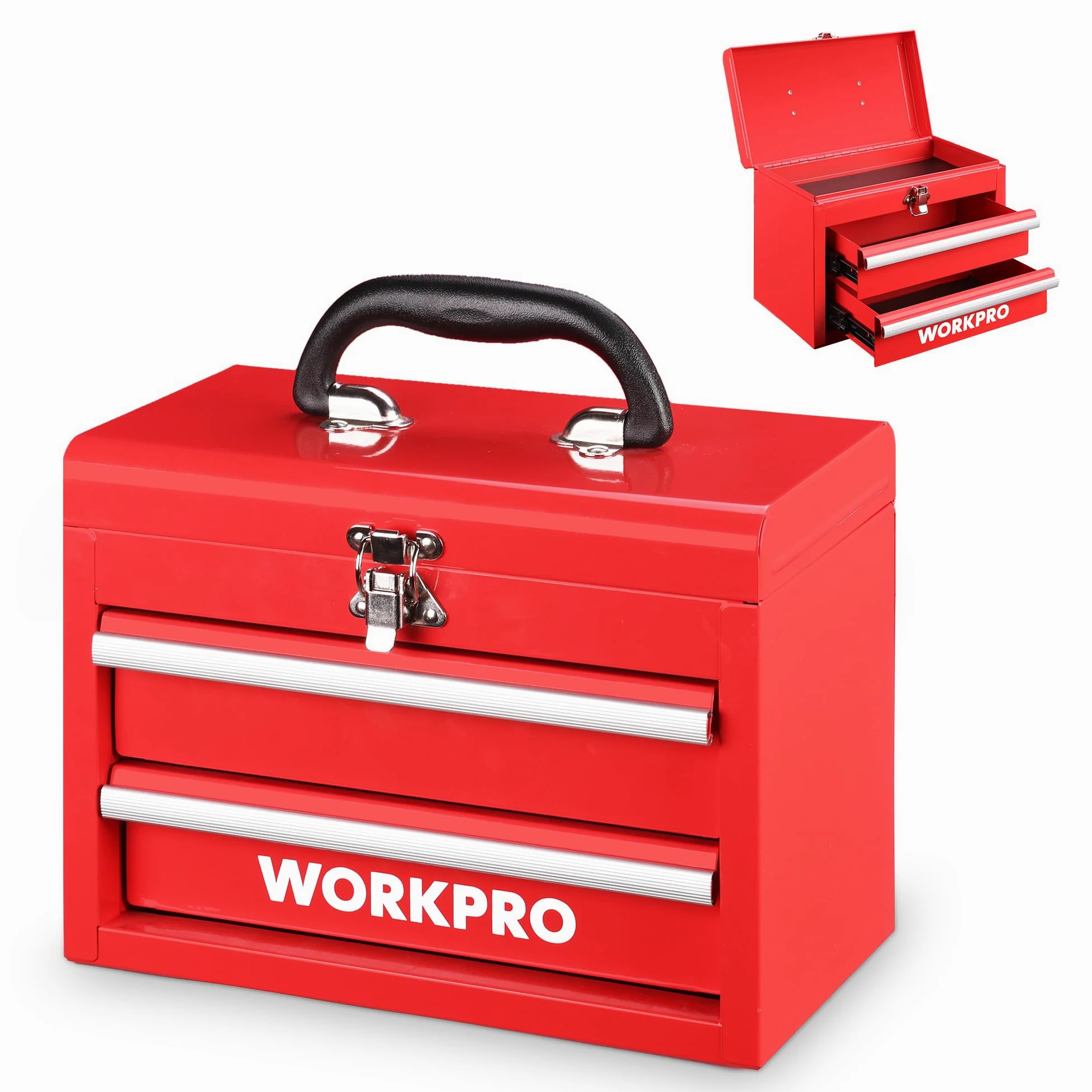 WORKPRO Przenośna mini skrzynka narzędziowa, 2 szuflady, metalowa skrzynia narzędziowa z prowadnicami z łożyskami kulkowymi, przechowywanie od góry i zamykane zatrzaski, ergonomiczny uchwyt do