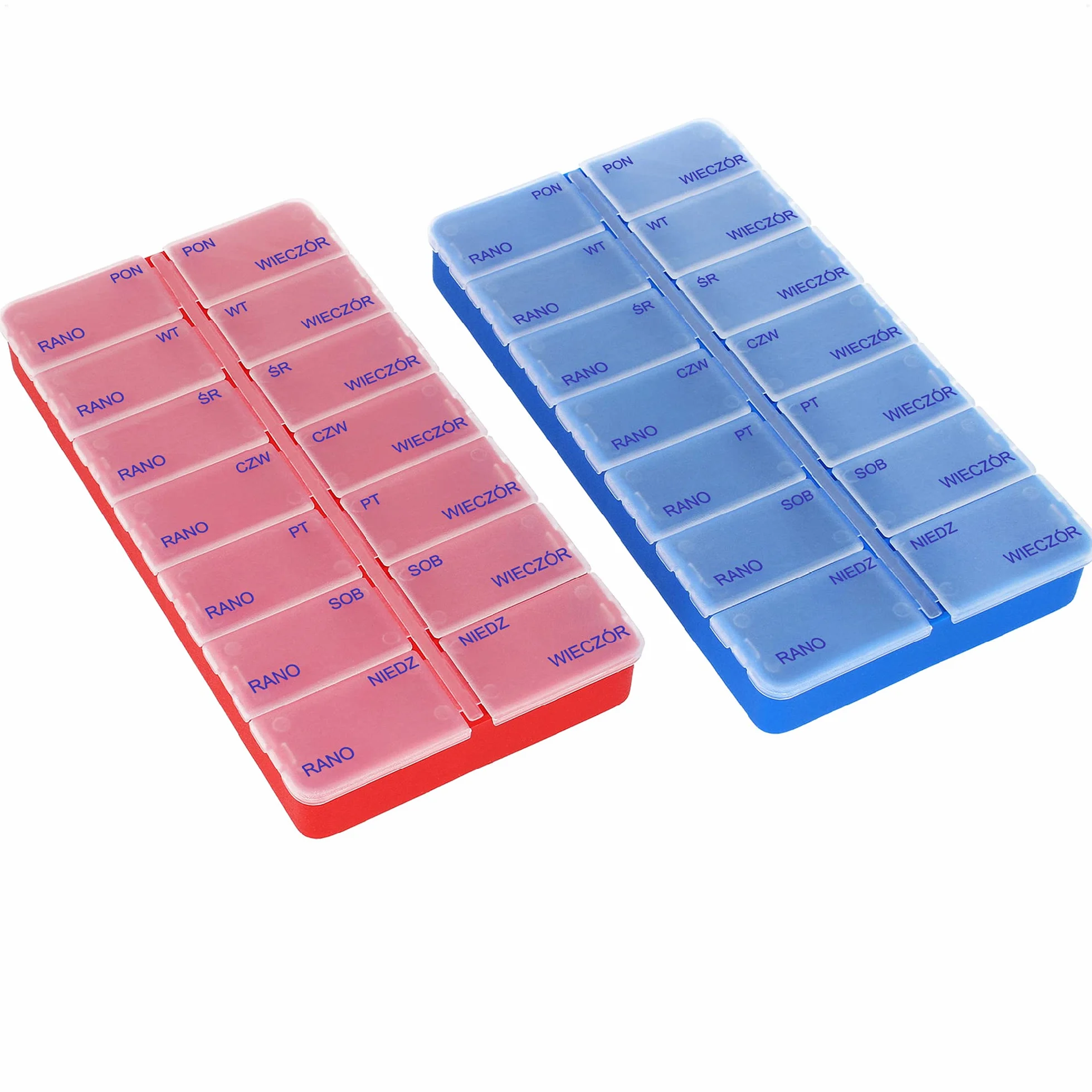 COM-FOUR® Dozownik do leków w języku POLSKIM 7 dni 2 sztuki czerwony niebieski