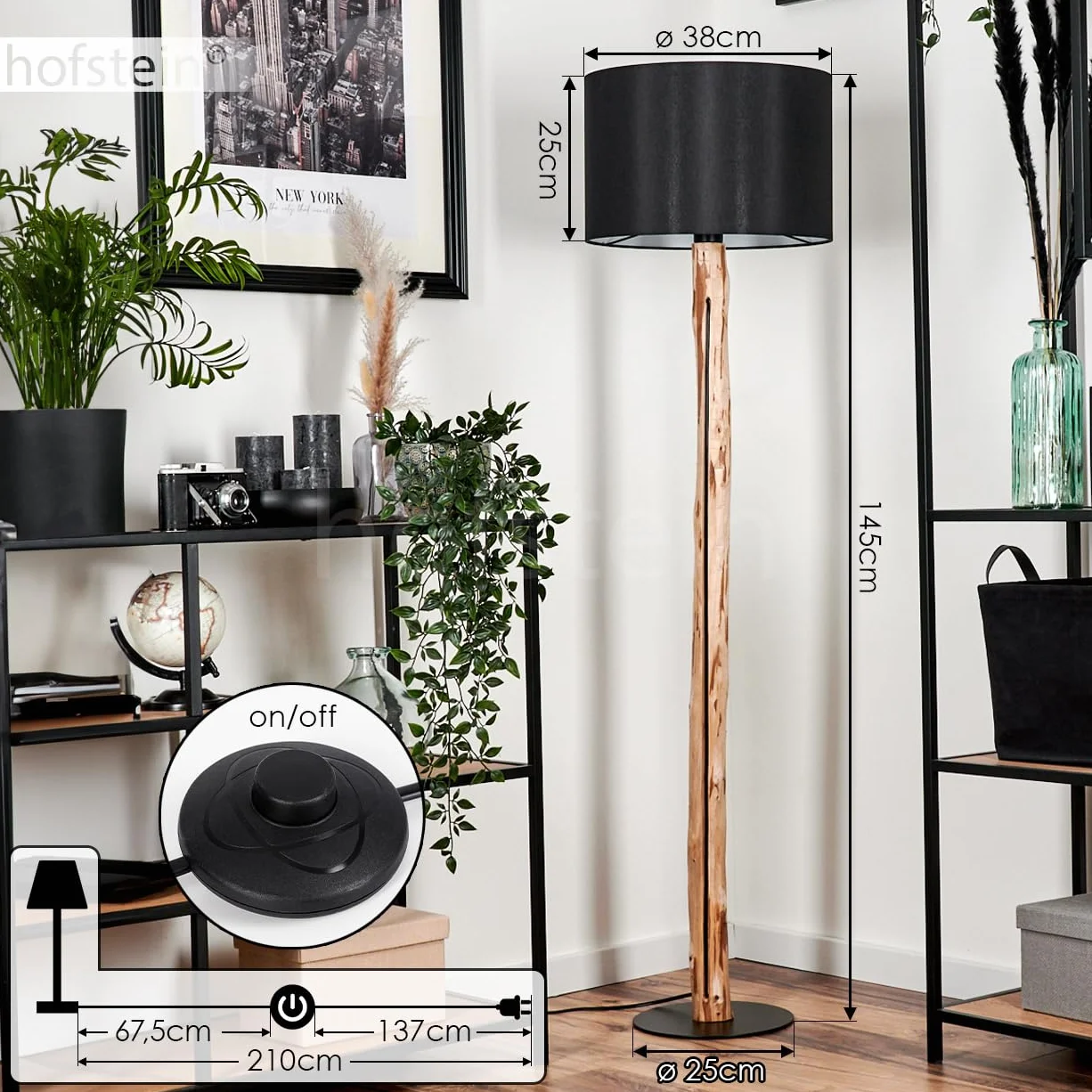 Lampa stojąca Saladillo, nowoczesna lampa stojąca z drewna/metalu/materiału w kolorze naturalnym/czarnym/białym, lampa w skandynawskim stylu z okrągłym kloszem (Ø 38 cm) i przełącznikiem nożnym,