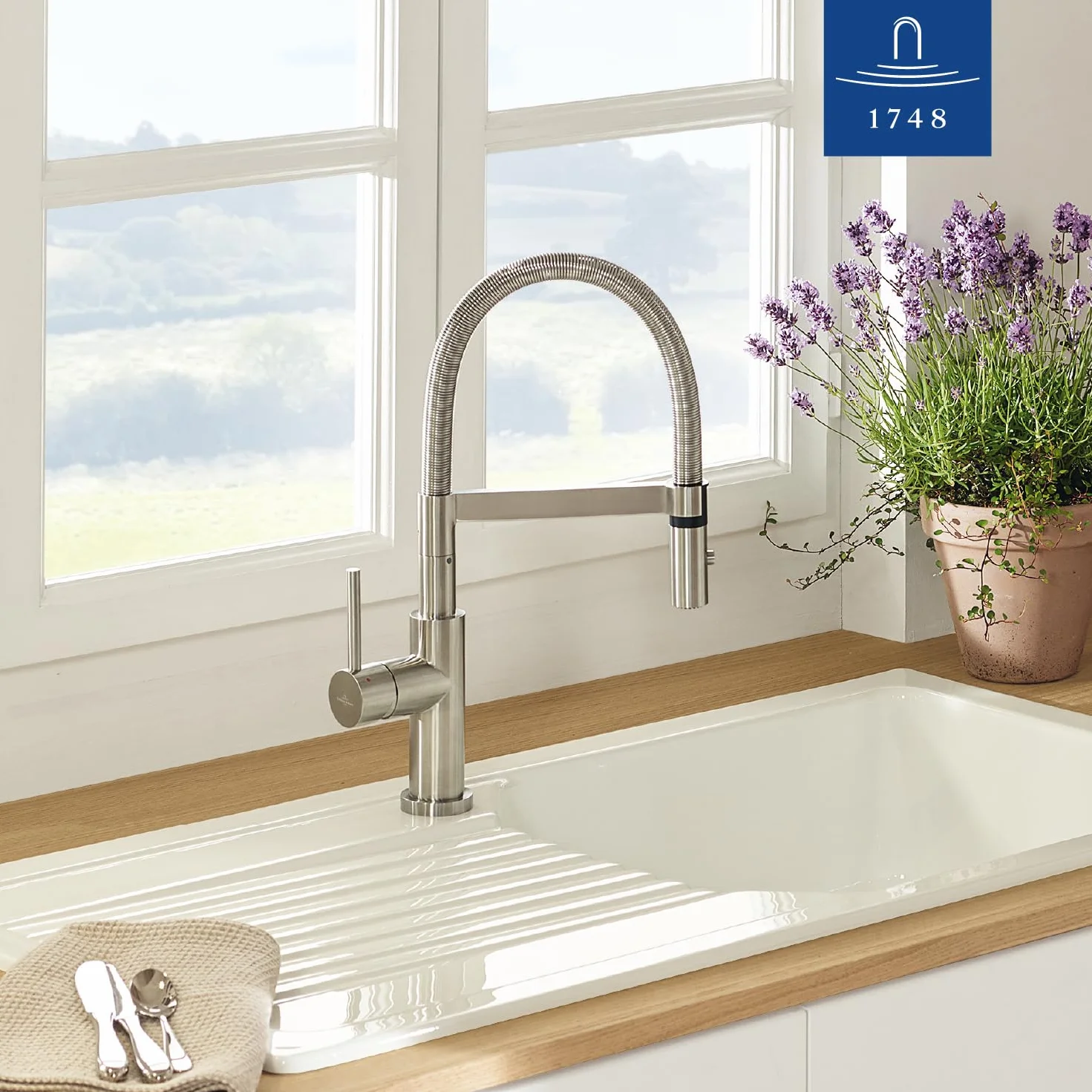 Villeroy & Boch Steel Expert Compact Window armatura kuchenna, wysokociśnieniowa, kran kuchenny z montażem przed oknem, oszczędność wody, wysokość wylewki 147 mm, masywna stal nierdzewna
