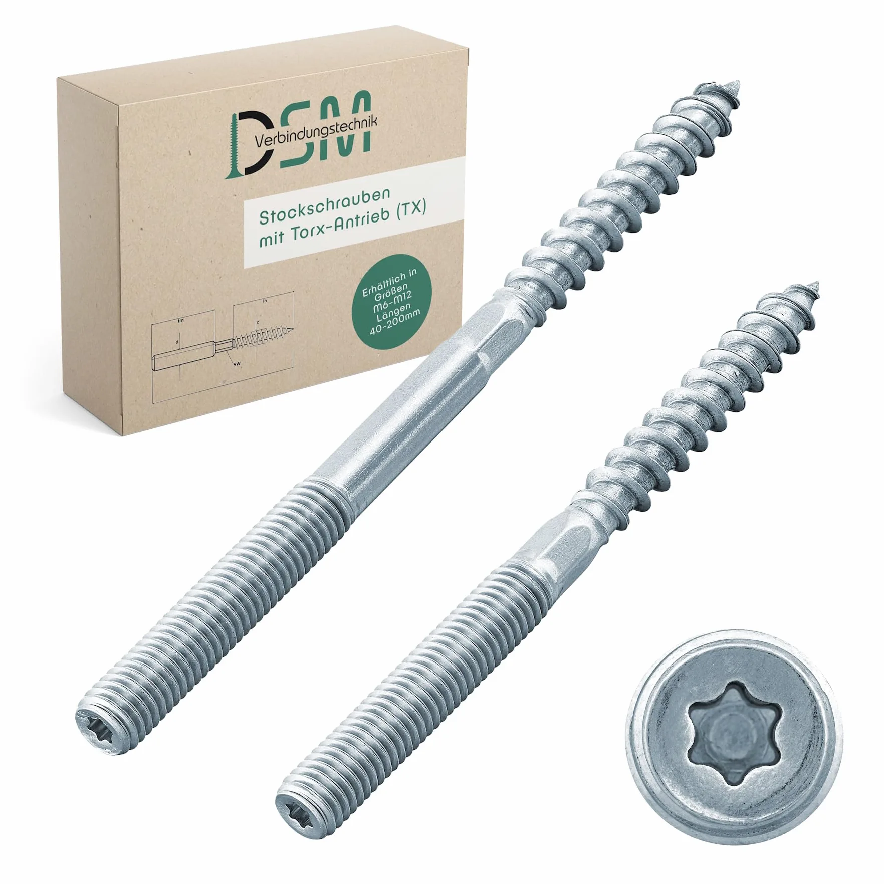 DSM – śruby trzpieniowe M8 x 200 mm z napędem Torx (TX 25), ocynkowane – M6 do M12, podwójne śruby gwintowane do obejm rurowych, SW 6 mm, połączenia drewniane, materiały montażowe – 100 sztuk