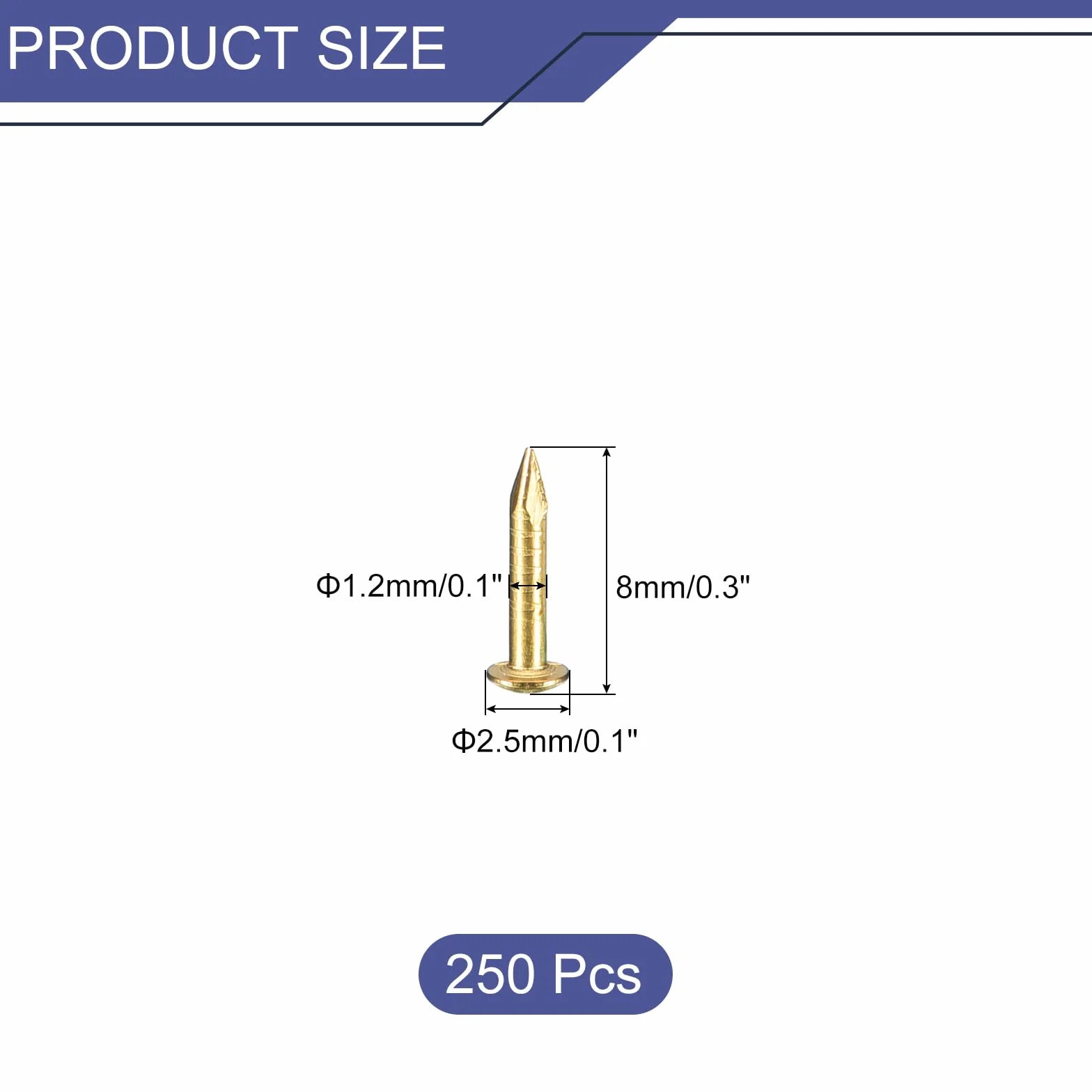 QUARKZMAN 250 szt. małe gwoździe 1,2 mm x 8 mm (Dxl) mosiężne gwoździe osprzęt małe gwoździe obrazy do dekoracji pudełek DIY drewno akcesoria do domu, odcienie mosiądzu