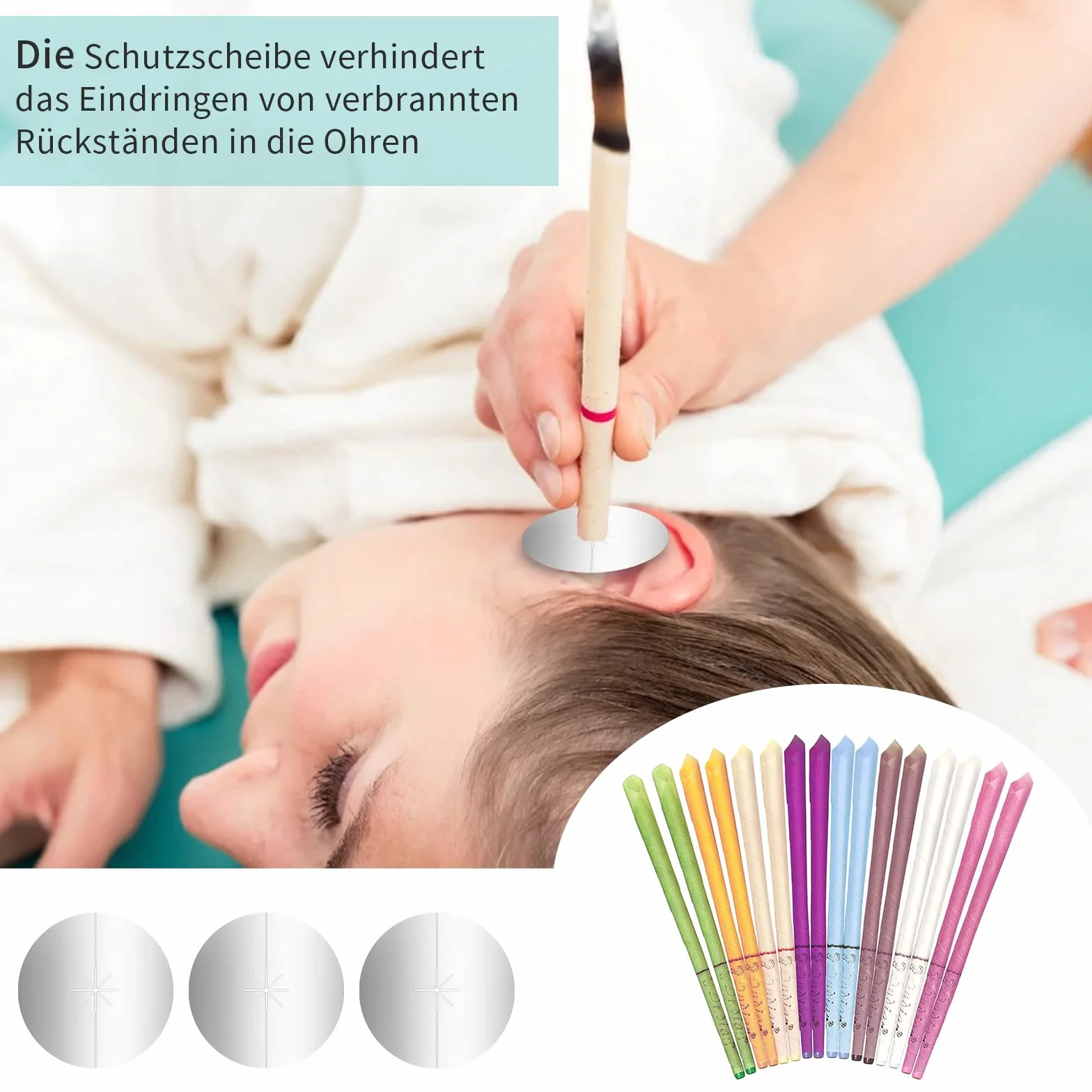 Naturalne świece do uszu z wosku pszczelego, usuwanie woskowiny, 6 tarcz ochronnych, 8 zapachów, aromaterapia (16 sztuk)