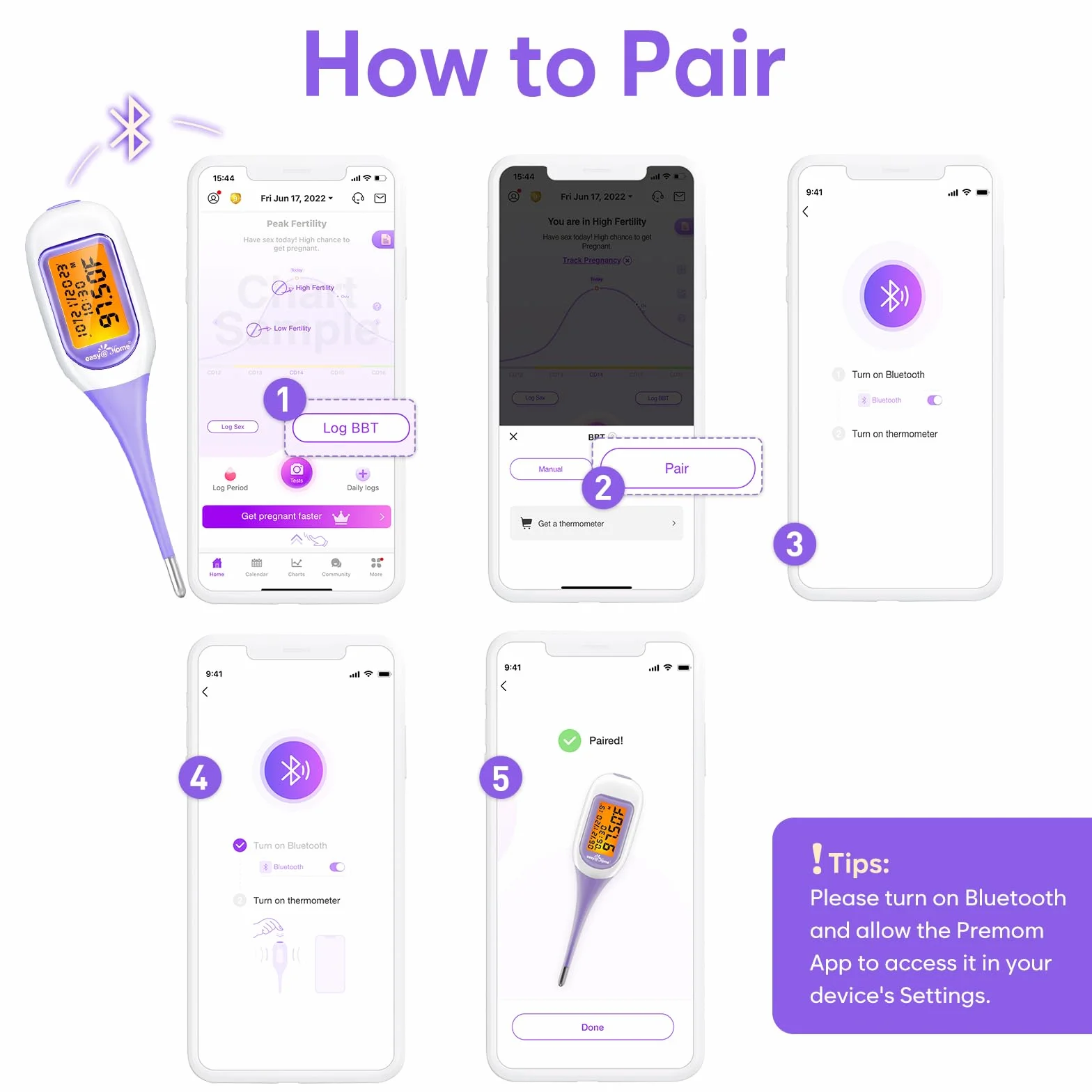 Easy@Home Inteligentny termometr bazowy duży ekran podświetlany lokalizator okresów fioletowy