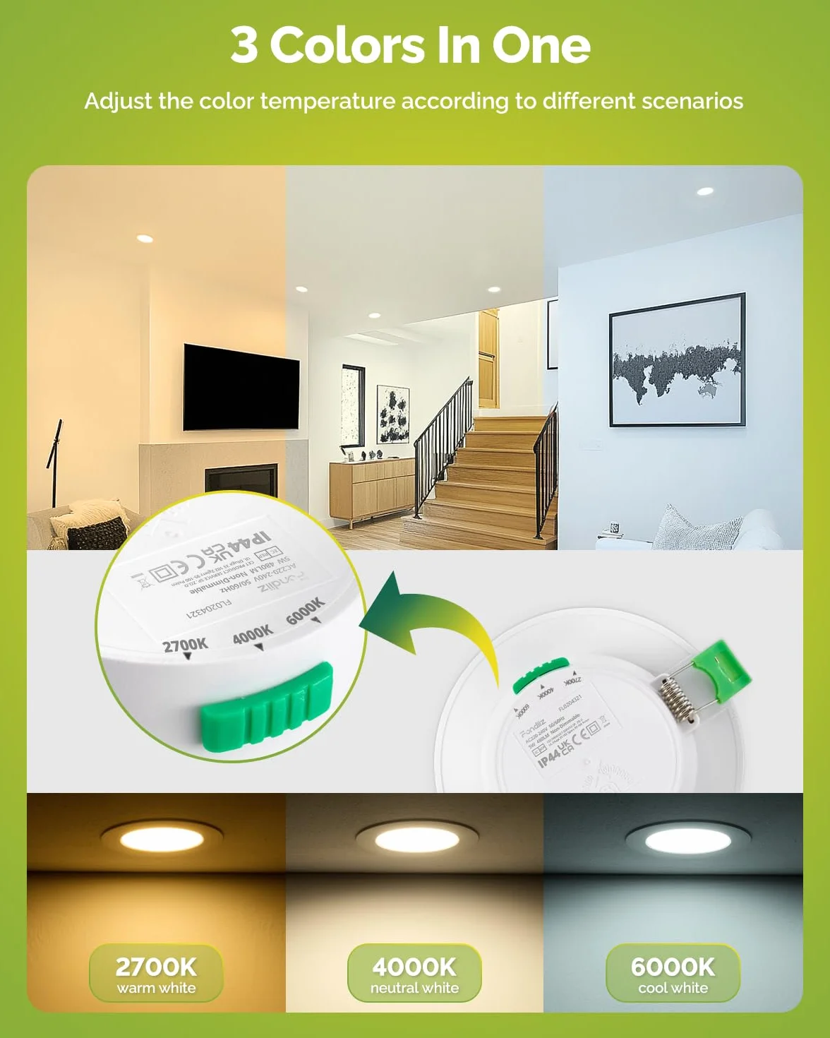 Fondiiz 12-pakiet LED świateł sufitowych 5W 3CCT 2700K-6000K wycięcie 68mm IP44 do łazienki
