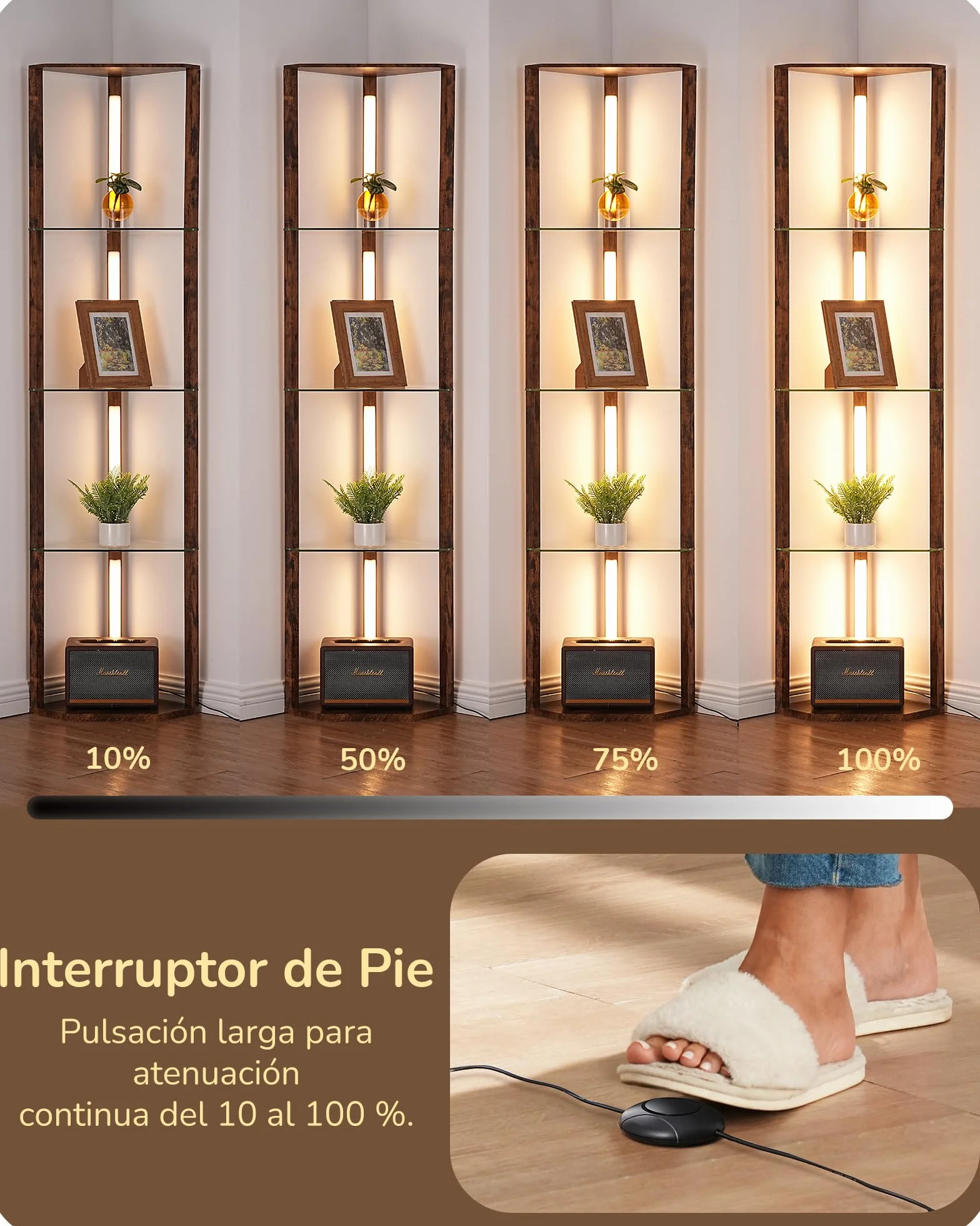 EDISHINE Lampa podłogowa do salonu ze szklanymi półkami, bezstopniowa ściemnianie, 3 temperatury barwowe, przełącznik nożny, drewniany regał narożny z oświetleniem LED, do salonu, sypialni, czarna