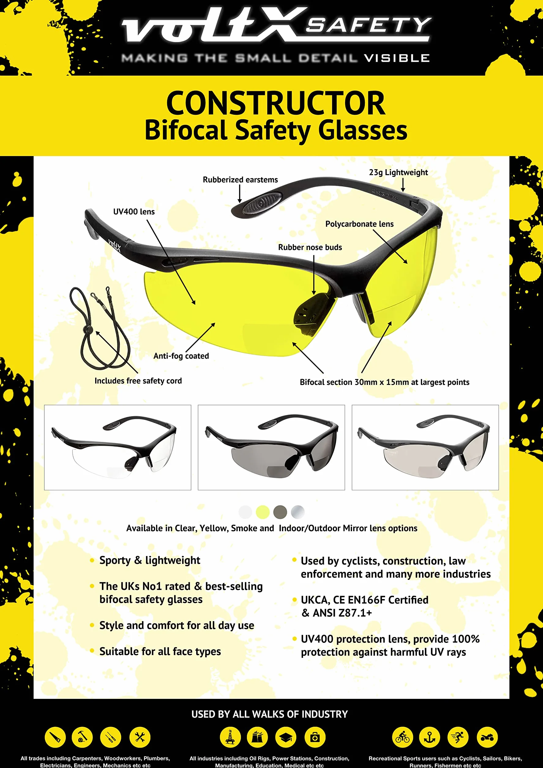 BIFOKALE voltX 'Constructor' okulary ochronne z funkcją czytania (+ 1.0 - +3,0 przezroczystych dioptrii, żółto-szare) z certyfikatem CE EN166f / okulary sportowe dla rowerzystów