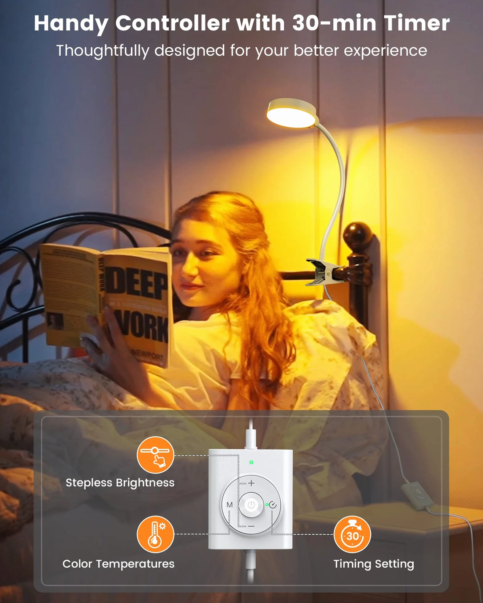 Glocusent Lampka do czytania o mocy 5 W, 36 diod LED, lampka zaciskowa, przyjazna dla oczu lampka do czytania, zacisk, 3 kolory i 5 poziomów jasności, przypinana lampka zaciskowa LED z łabędzią szyją