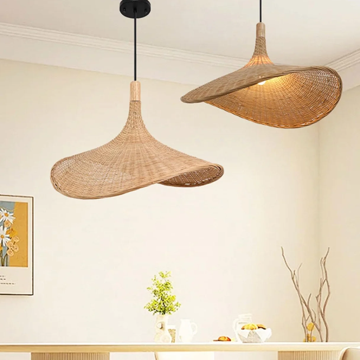 Żyrandol w stylu wiejskim, duży beżowy bambusowy klosz - unikalne zawieszenie w stylu vintage z bambusowym kloszem wiklinowym, ręcznie robione lampy sufitowe na wyspę kuchenną