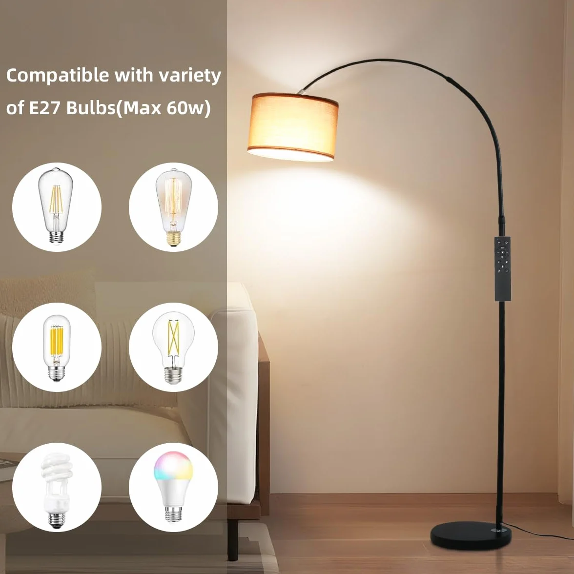 ANTENLICHT AURA Lampa łukowa z pilotem | Lampa stojąca do salonu z regulacją jasności | W zestawie żarówka LED E27 | Brązowy abażur z tkaniny 33 cm | Przełącznik nożny | Lampa łukowa w stylu vintage,