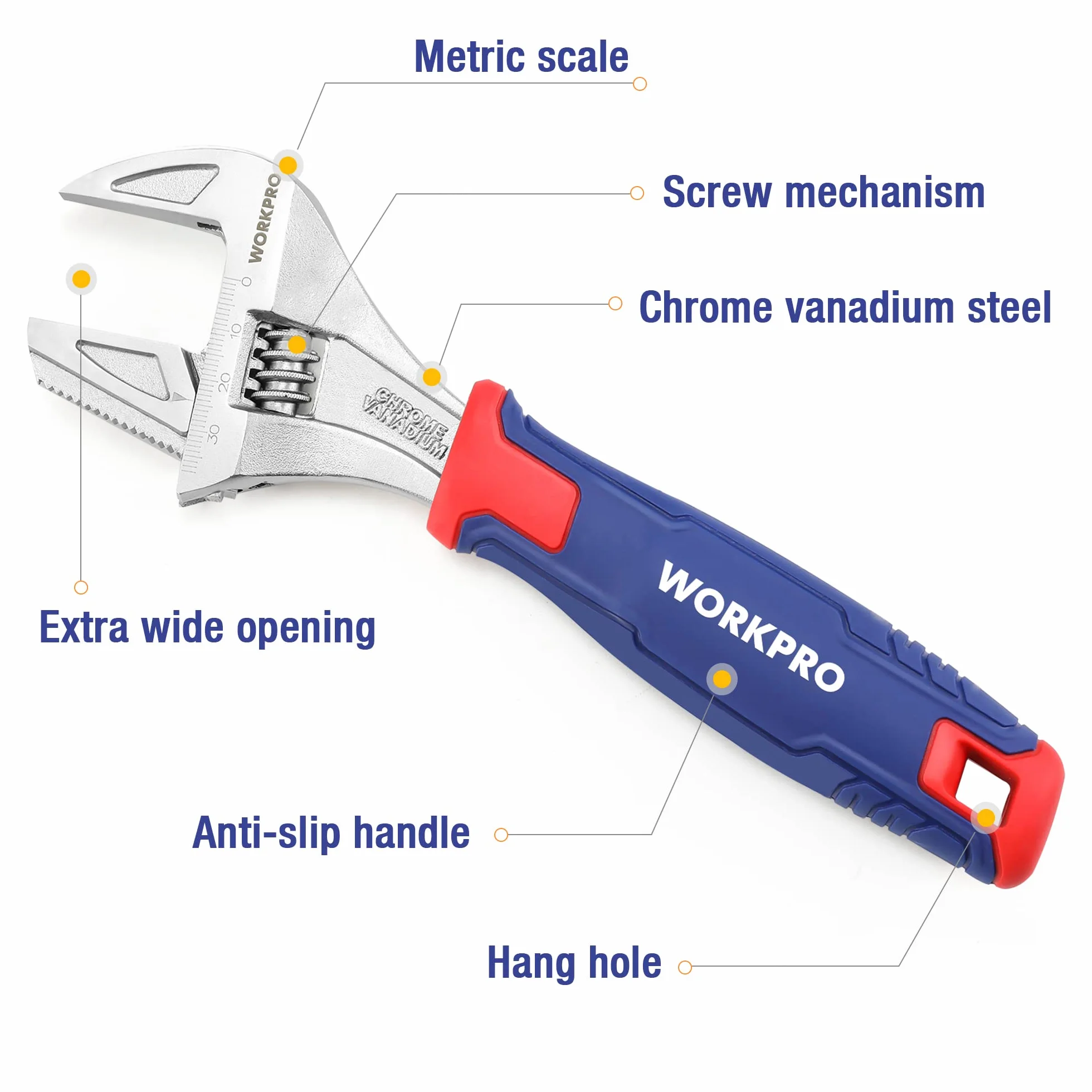 WORKPRO Klucz nastawny 2 w 1, klucz do rur, szczęka o szerokości 42 mm, stal Cr-V, długość 200 mm, z miękkim uchwytem, podwójny materiał