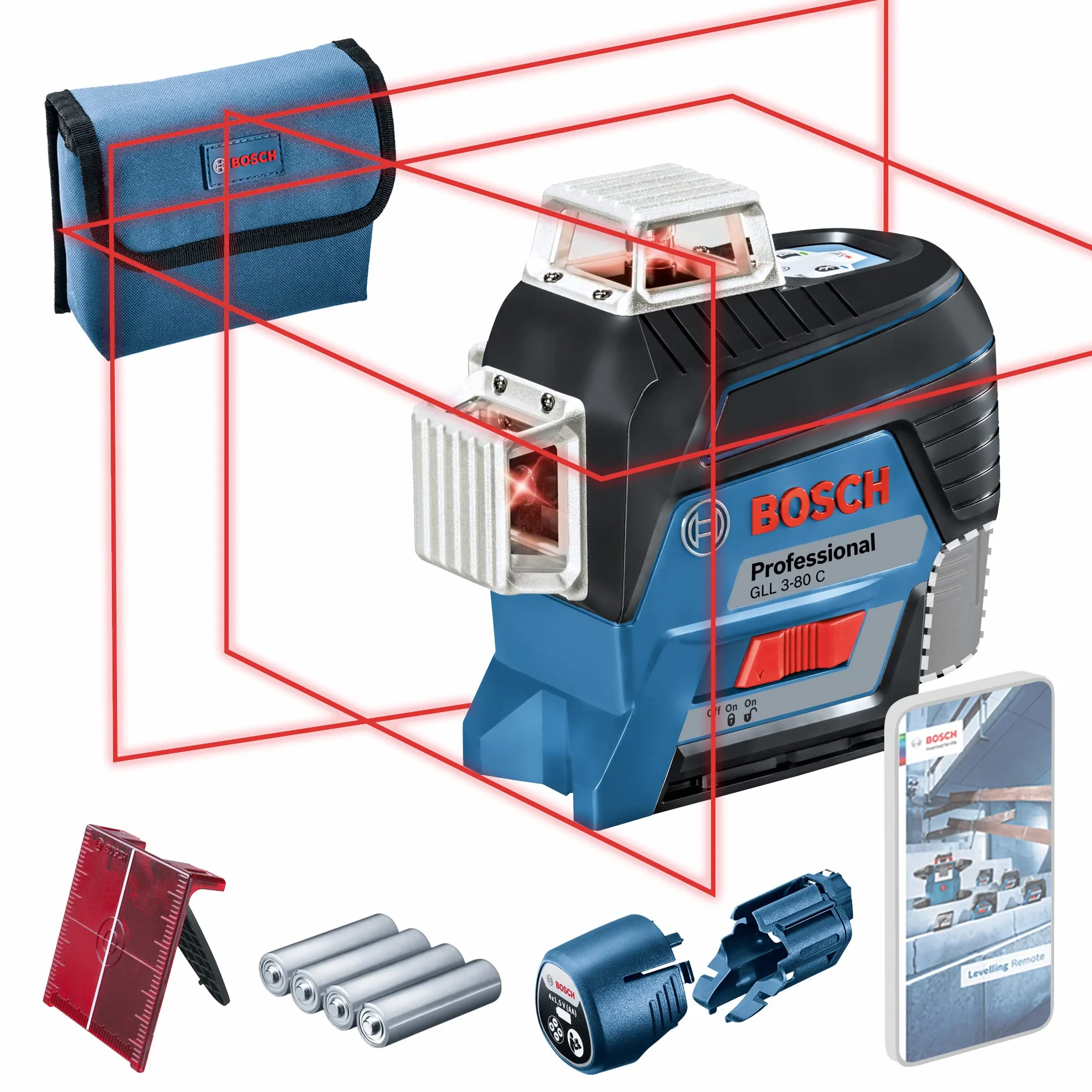Bosch Professional Laser liniowy GLL 3-80 C (czerwona wiązka, do pracy w pomieszczeniach, współpraca z aplikacją, zasięg pracy: 30 m, 4 baterie AA)