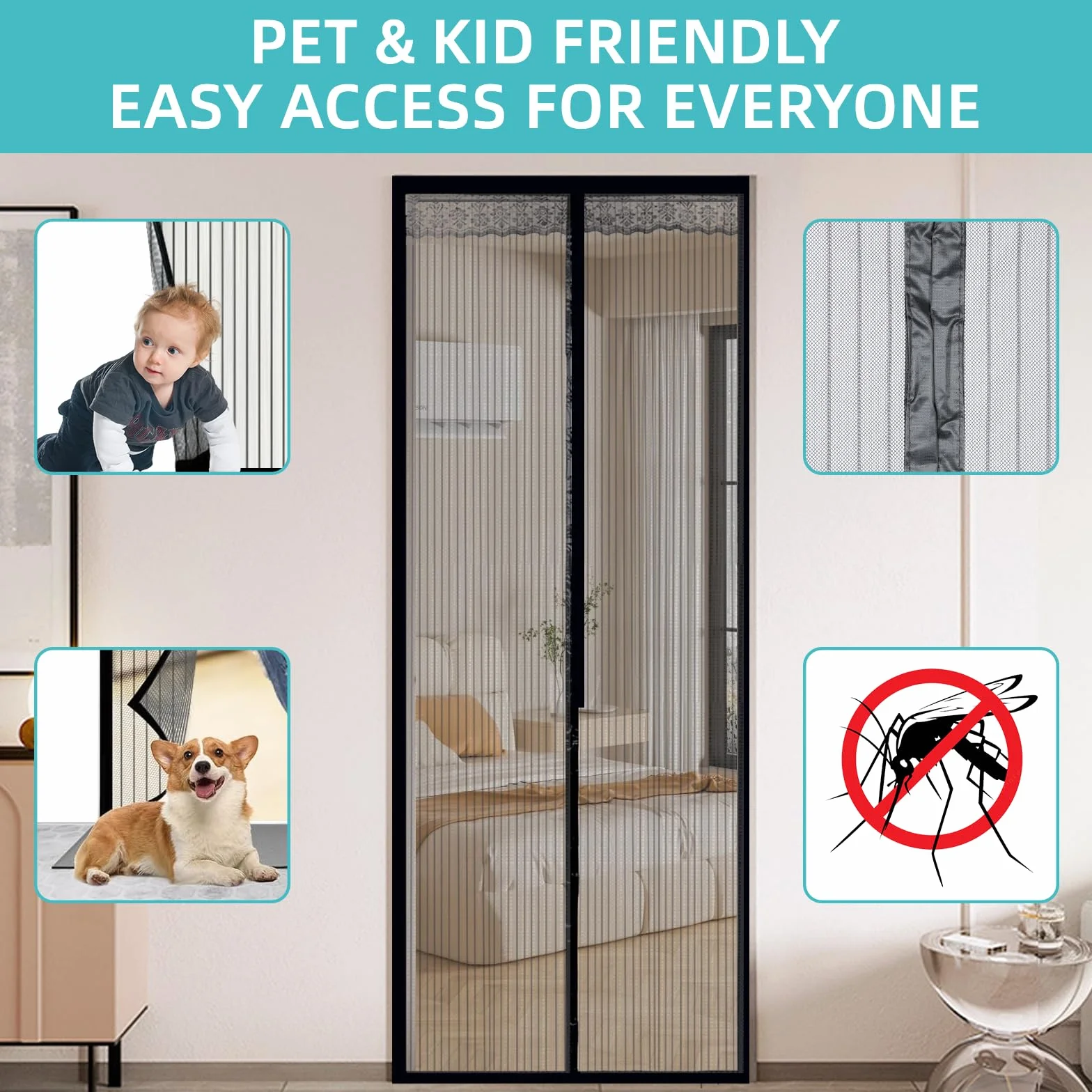 Moskitiera na drzwi 90x210 cm, ochrona przed owadami, tkanina poliestrowa, zapięcie magnetyczne, łatwy montaż na klej, idealna na balkon