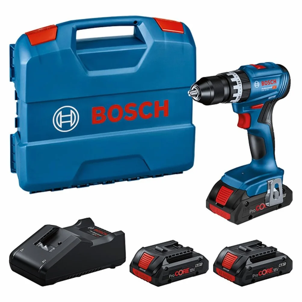 Bosch Professional system 18V: akumulatorowa wiertarko-wkrętarka udarowa GSB 18V-45 (3 akumulatory ProCORE18V 4.0Ah, ładowarka GAL 18V-40, walizka L-Case)