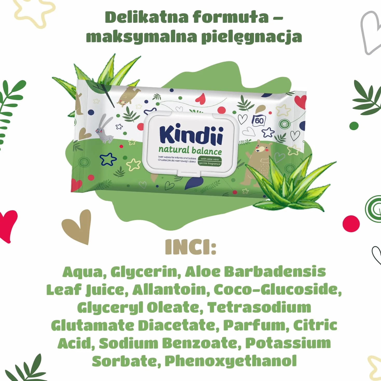 Kindii chusteczki nawilżane dla niemowląt i dzieci Natural Balance - działanie ochronne, nawilżające, regenerujące - delikatny zapach - zawierają alantoinę, emolienty - aloes - neutralne pH - 60 sztuk